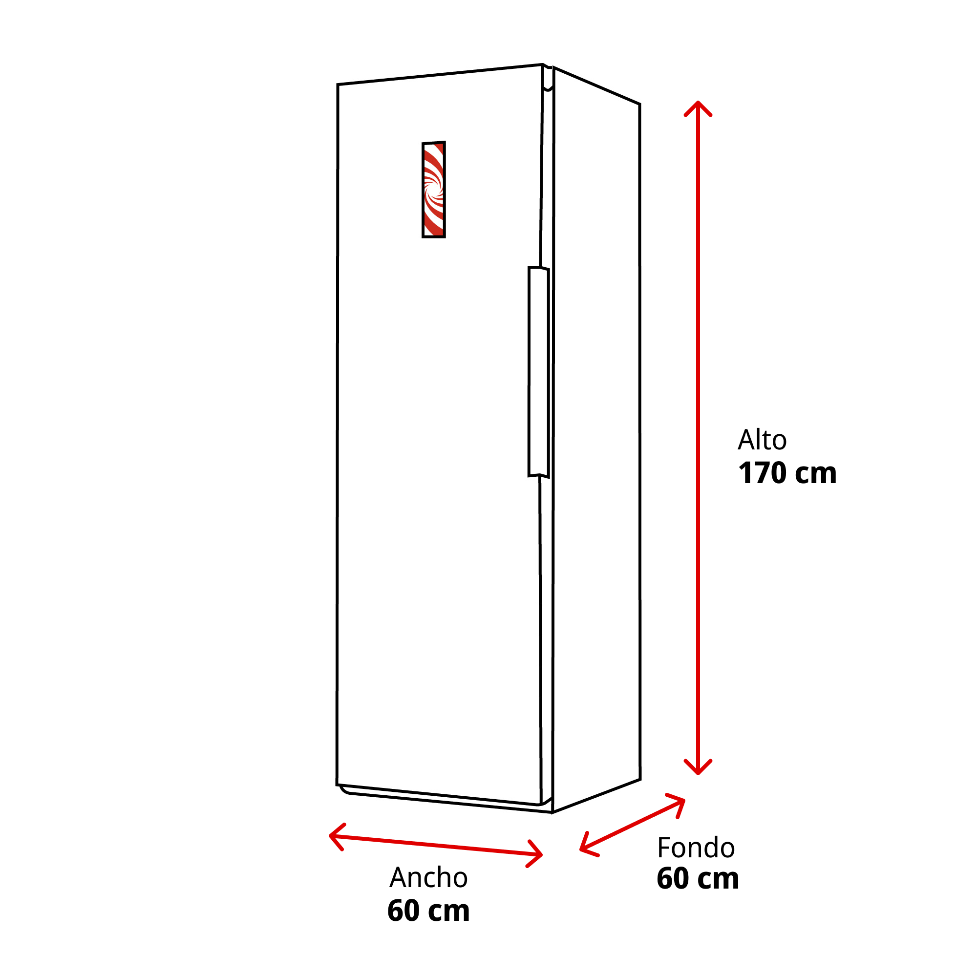 Un refrigerador blanco con dimensiones. Altura: 170cm, Ancho: 60cm, Fondo: 60cm. Un logo rojo y blanco está en la puerta.