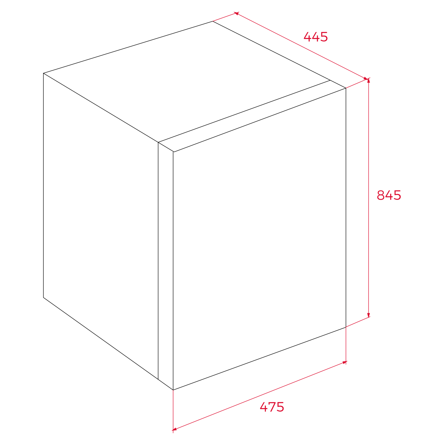 Vista isométrica de un cuboide con dimensiones marcadas en rojo: 445, 845 y 475. El objeto es una forma blanca delineada.