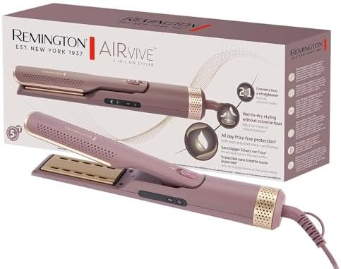 Ambalajıyla birlikte bir Remington Air Vive saç düzleştirici. Düzleştirici, altın detaylarla birlikte eflatun rengindedir. Kutu ürünü gösteriyor.