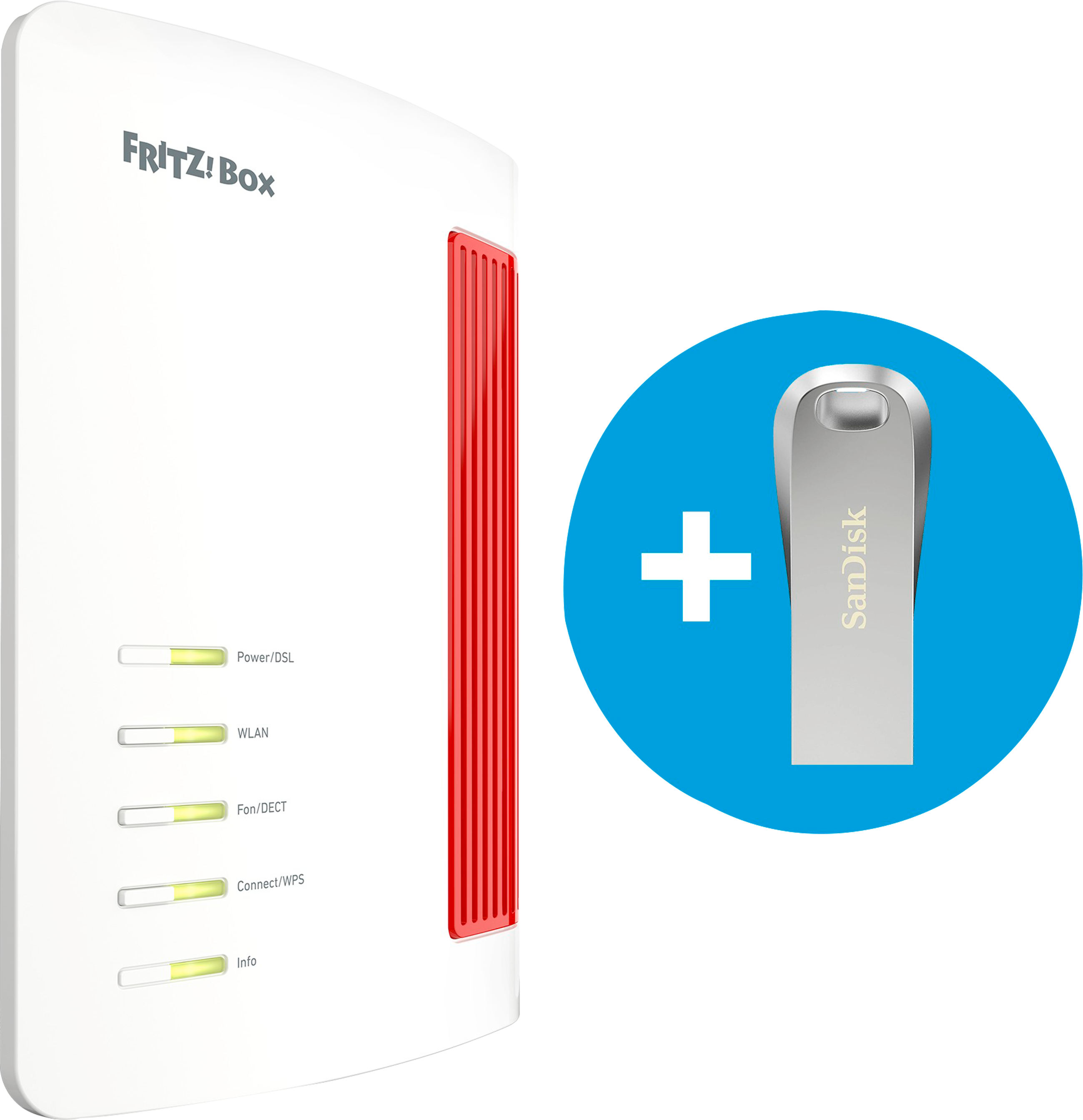 Ein weißer Router mit roten Akzenten und ein USB-Stick auf einem blauen Kreis werden auf schwarzem Hintergrund angezeigt.