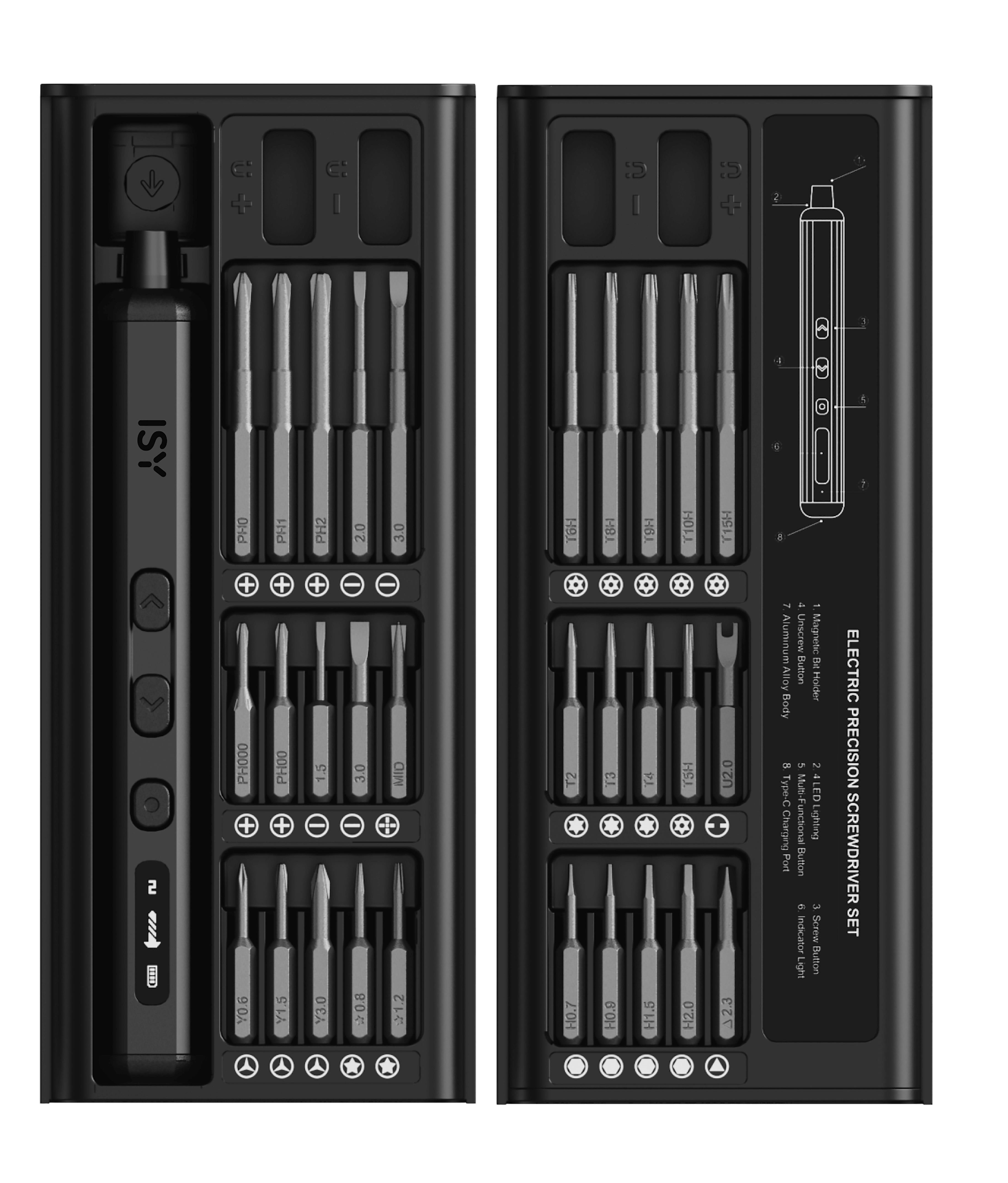 Elektrisches Schraubendreher-Set mit Bits. Schwarzes Gehäuse, Schraubendreher und verschiedene Bits.