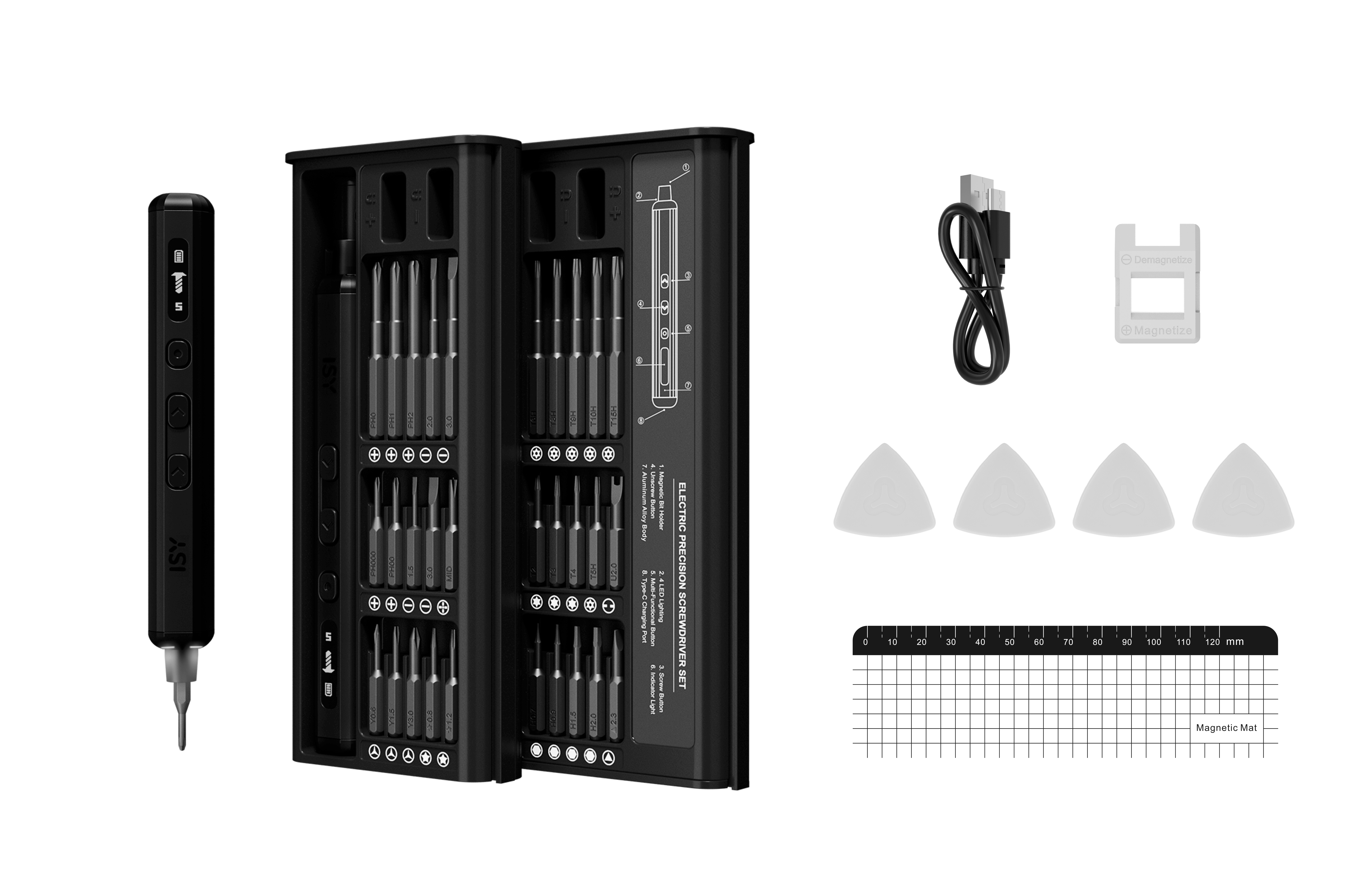 Elektrisches Schraubendreher-Set mit Bits, Ladekabel, Entmagnetisierer, Plektren und Magnetmatte auf weißem Hintergrund.