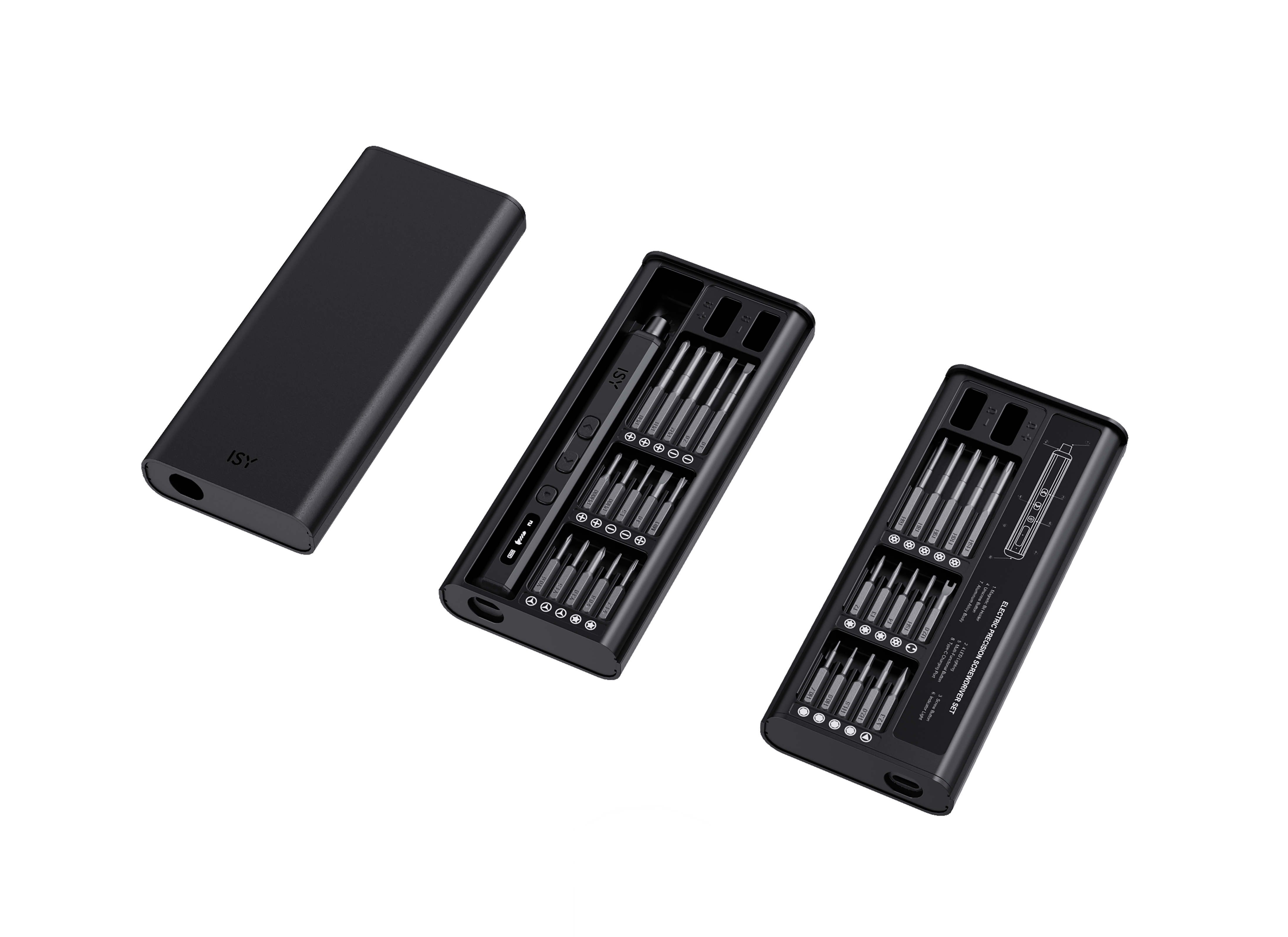 Schwarzes Schraubendreher-Set mit Koffer, offen und geschlossen. Schraubendreher sind in Reihen, Koffer mit ISY beschriftet.