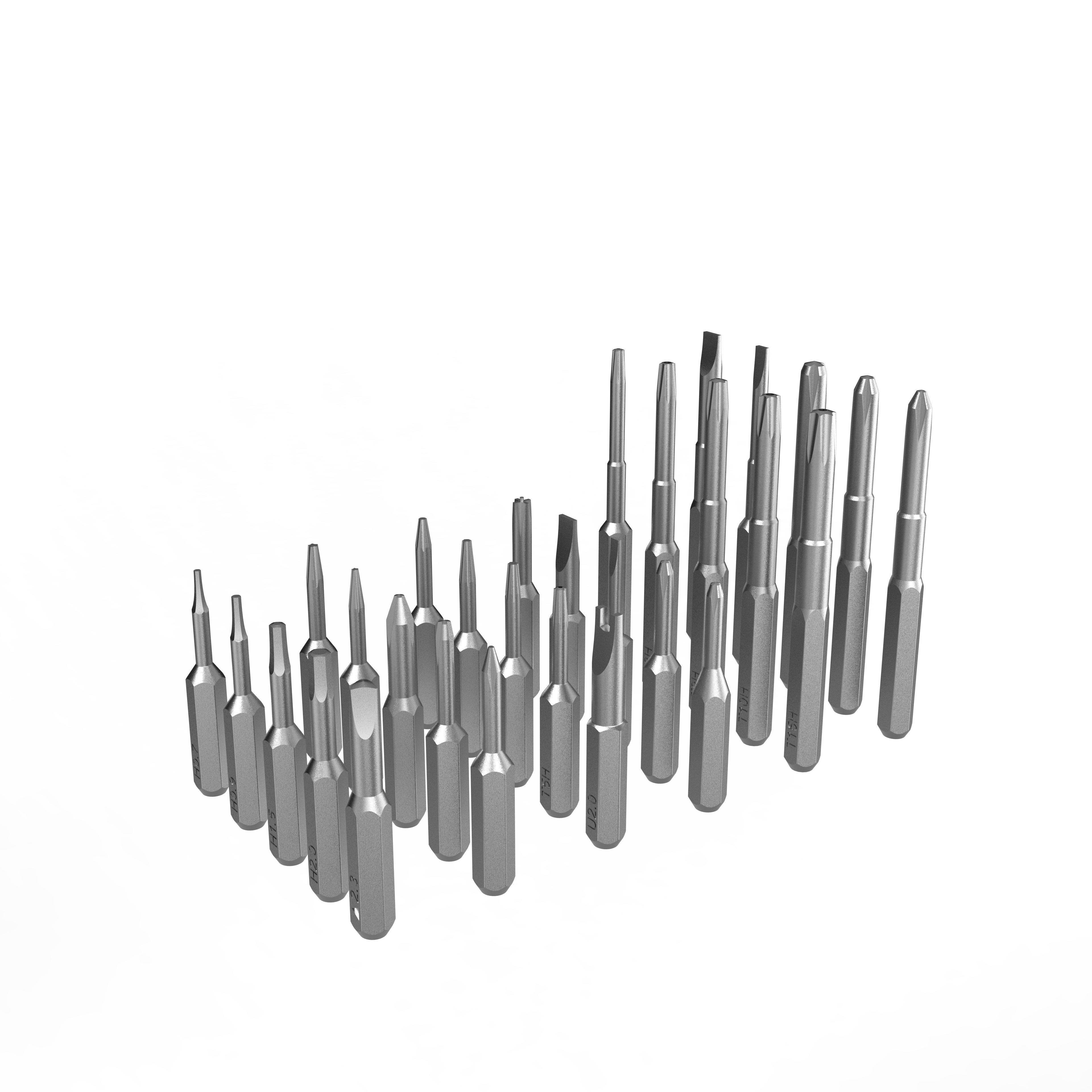 Das Bild zeigt verschiedene silberne Schraubendreherbits, die vor einem dunkelgrauen und schwarzen Hintergrund angeordnet sind.