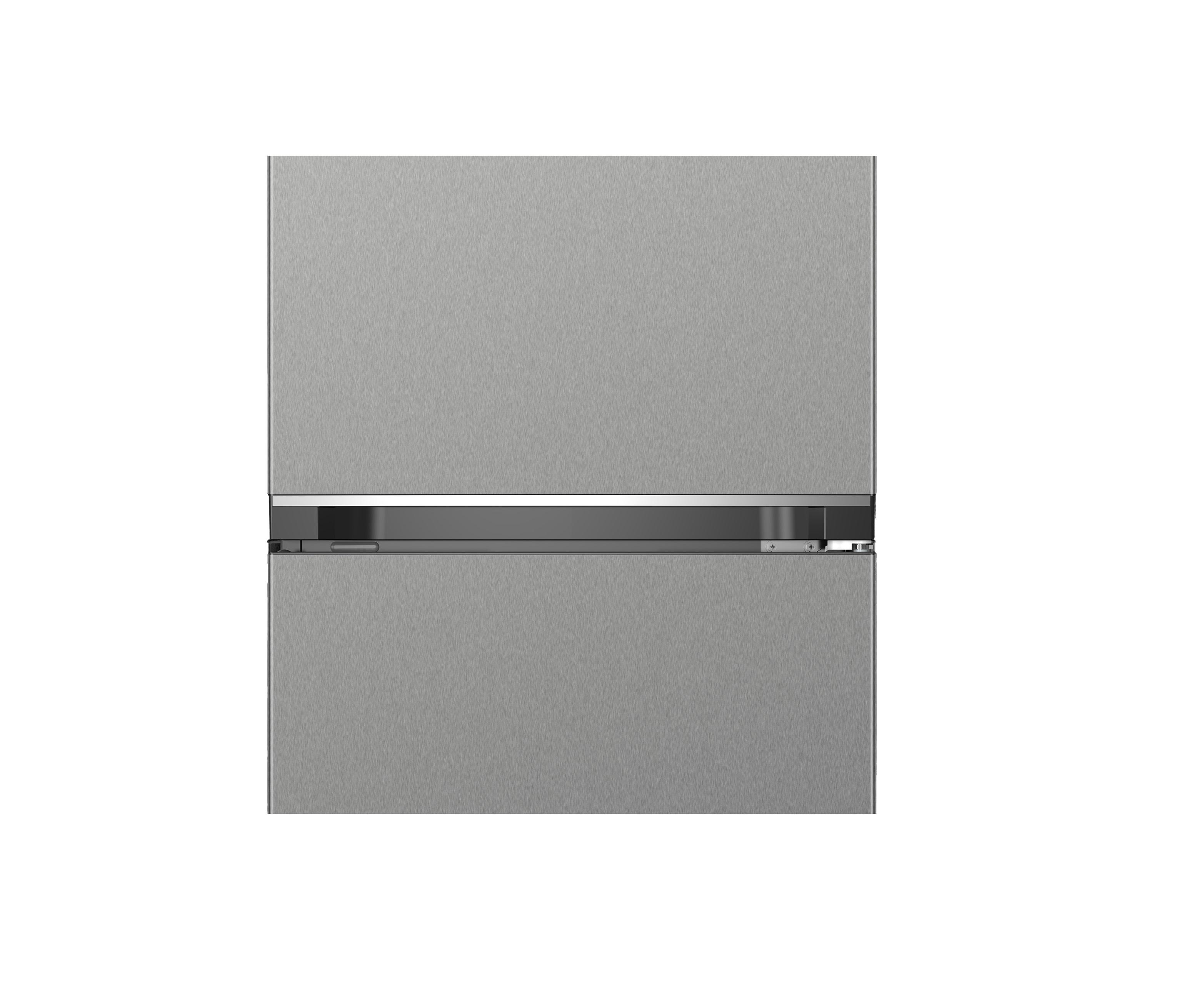 Ein Kühlschrank aus Edelstahl mit zwei Türen. Ein schwarzer Griff befindet sich in der Mitte.