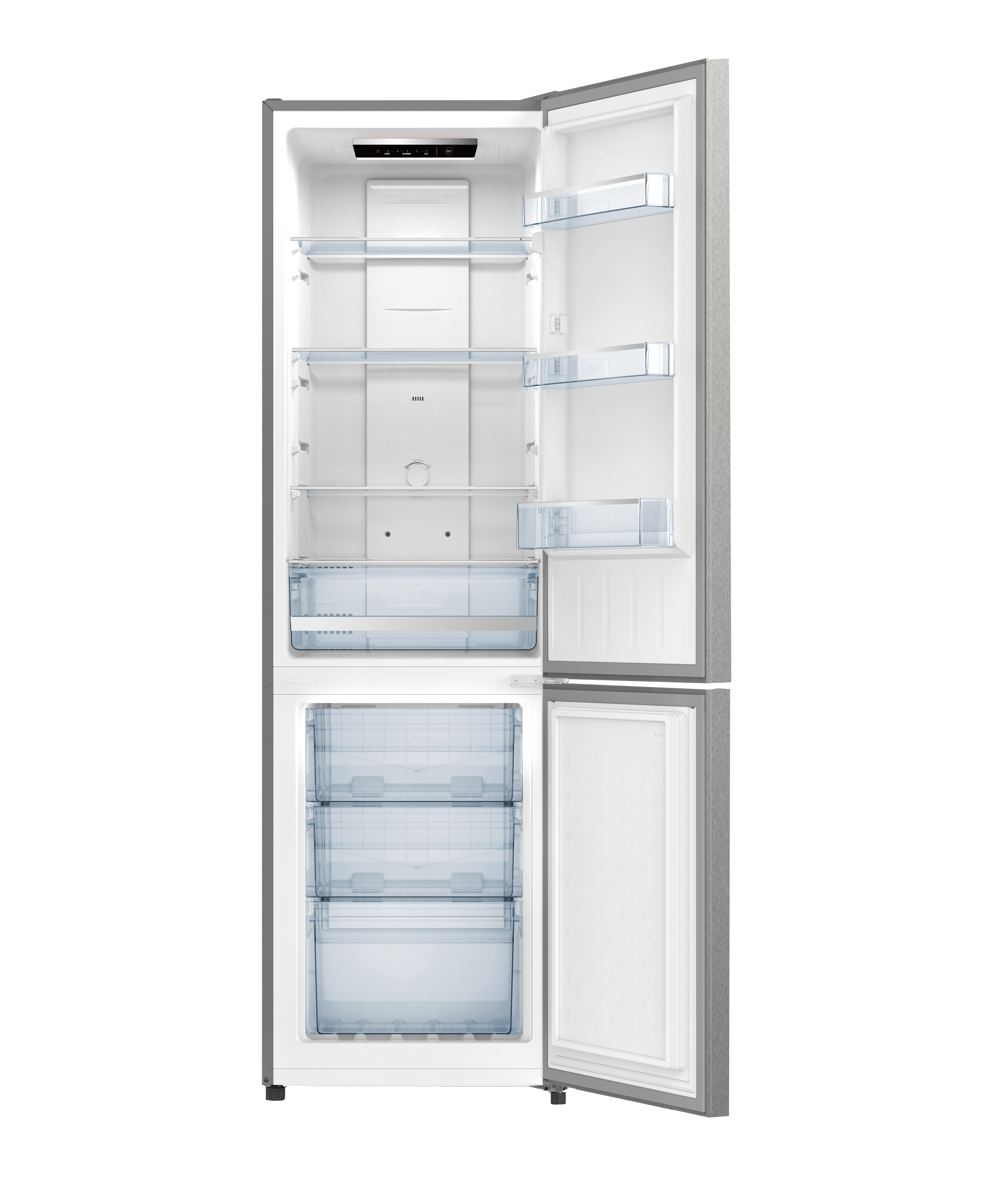 Offener Kühlschrank. Im Inneren befinden sich Regale, Schubladen und Fächer. Die Tür steht offen, der Inhalt ist sichtbar.