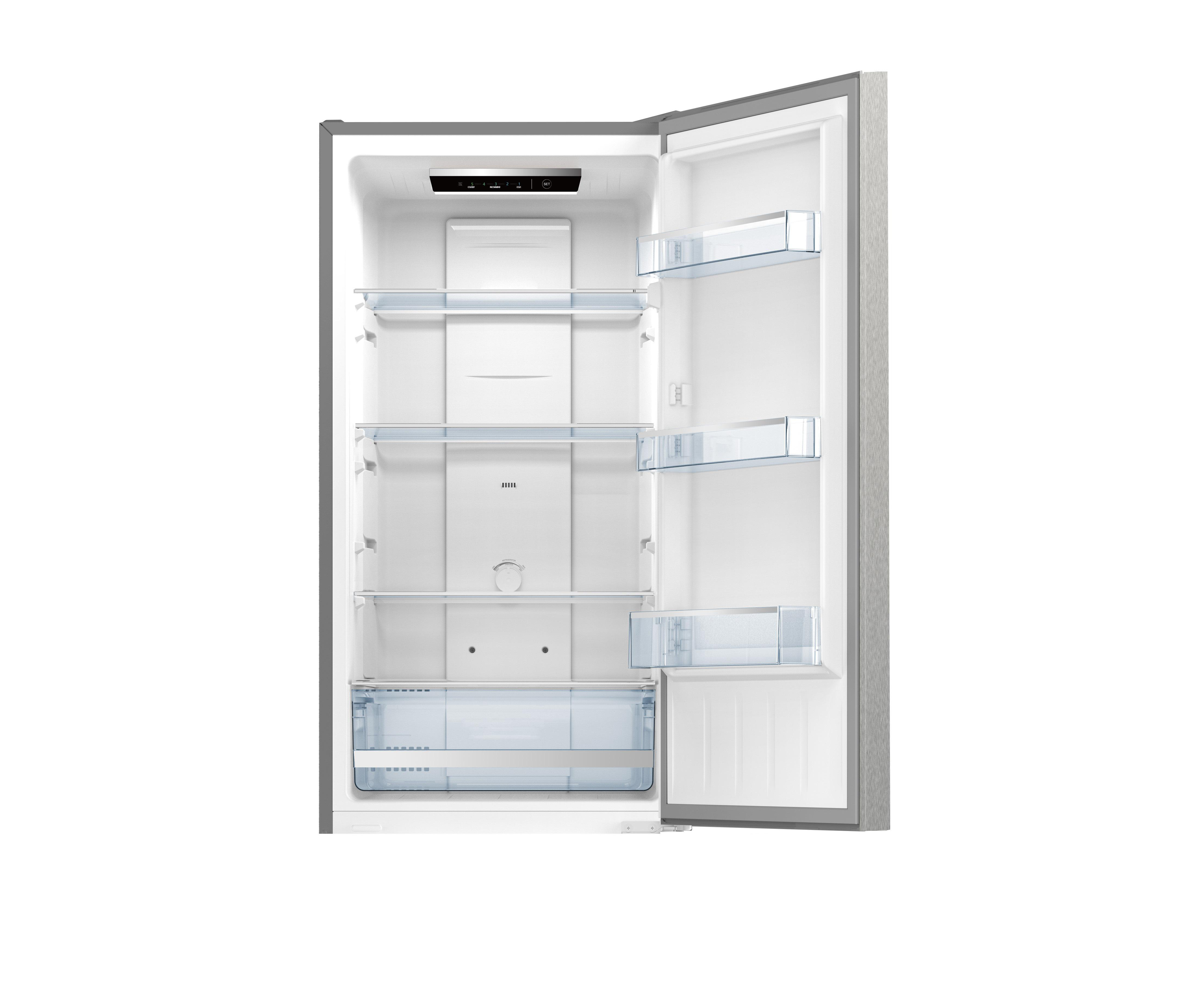 Offener Kühlschrank, der Regale und Schubladen zeigt. Graue Außenseite, weißer Innenraum. Leer, sauber und einsatzbereit.