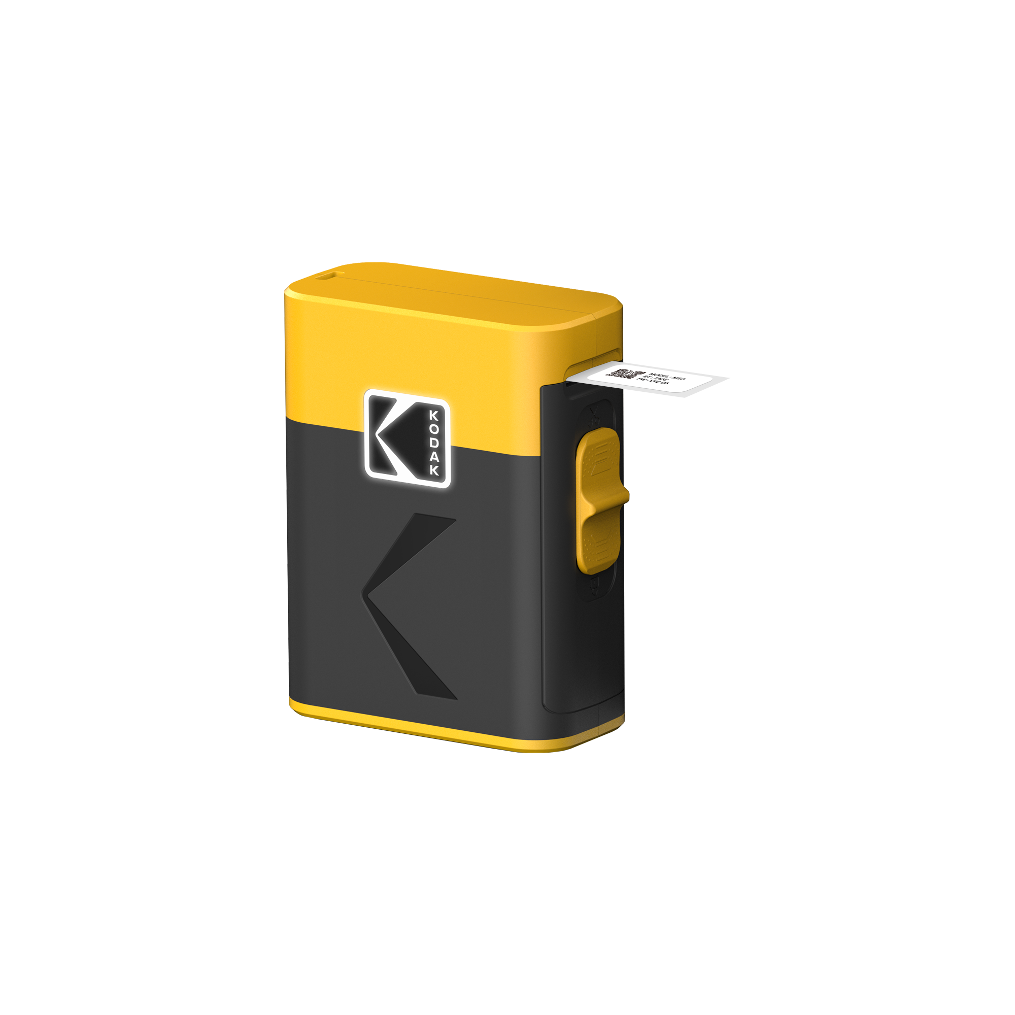 Sarı ve siyah bir Kodak fotoğraf yazıcısı, küçük bir fotoğraf basarken gösteriliyor. Önde Kodak logosu var.