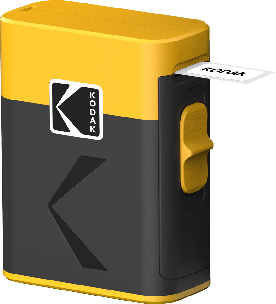 Üstünden 'KODAK' yazan bir kart uzanan sarı ve siyah bir Kodak cihazı. Bir anahtarı ve logosu var.