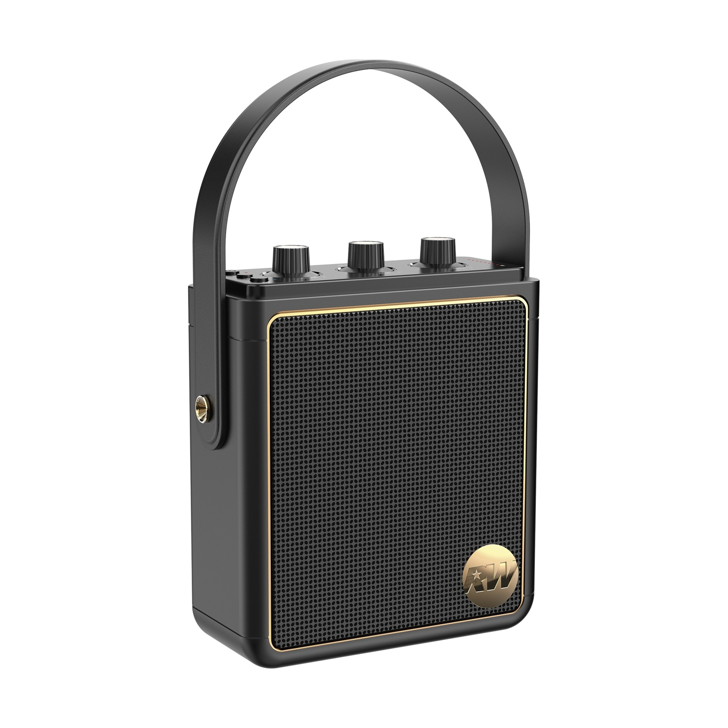Altoparlante portatile nero e oro con manico. Ha manopole in alto, una griglia per altoparlanti e un logo.