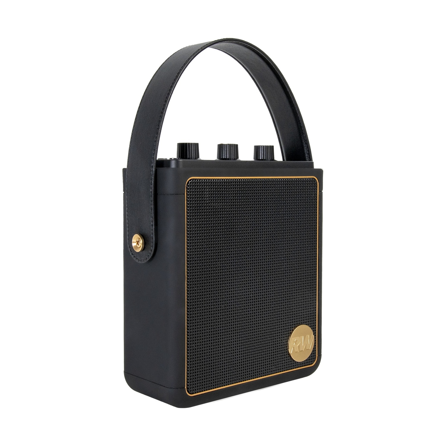 Un altoparlante portatile nero con manico in pelle. Ha dettagli dorati e tre manopole di controllo sulla parte superiore. L'altoparlante è su sfondo bianco.