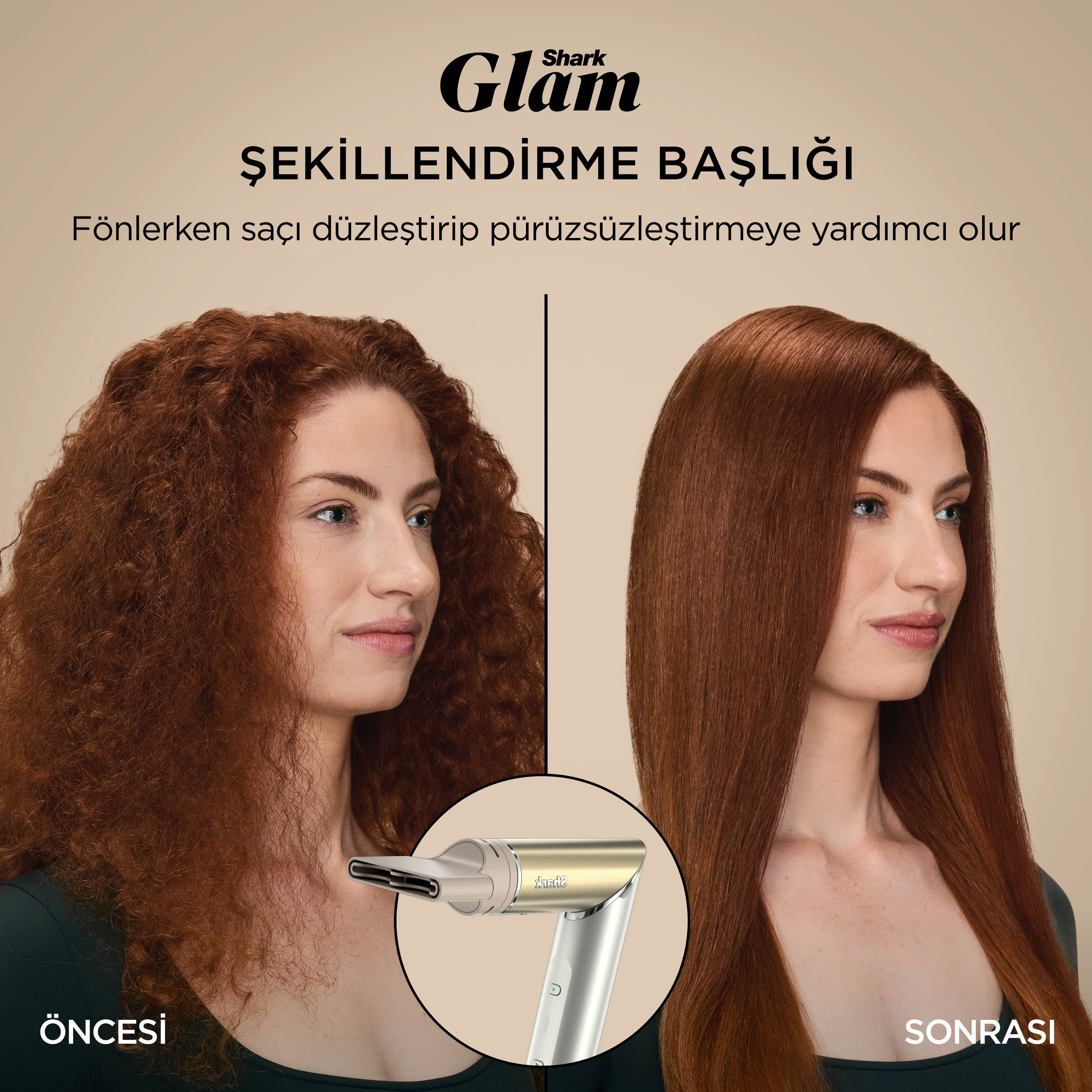 Görsel, bir saç şekillendirme aracı kullandıktan önce ve sonra kıvırcık saçlı bir kadını gösteriyor. Alet ortada.