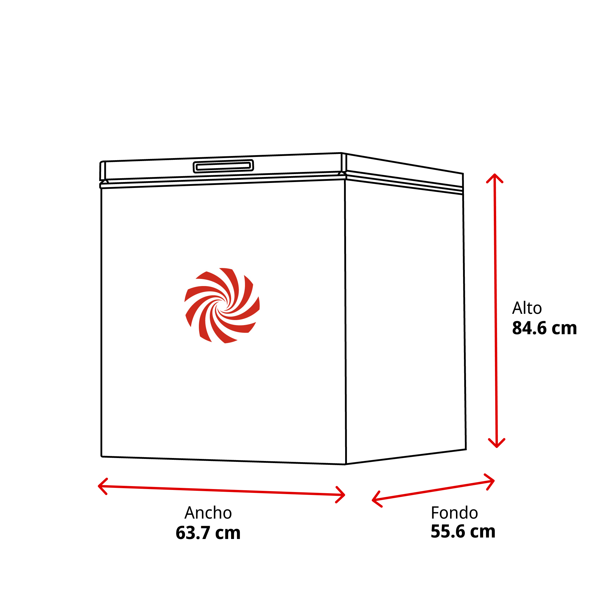 Un congelador de arcón blanco con dimensiones etiquetadas. Un logotipo en espiral rojo y blanco está al frente.