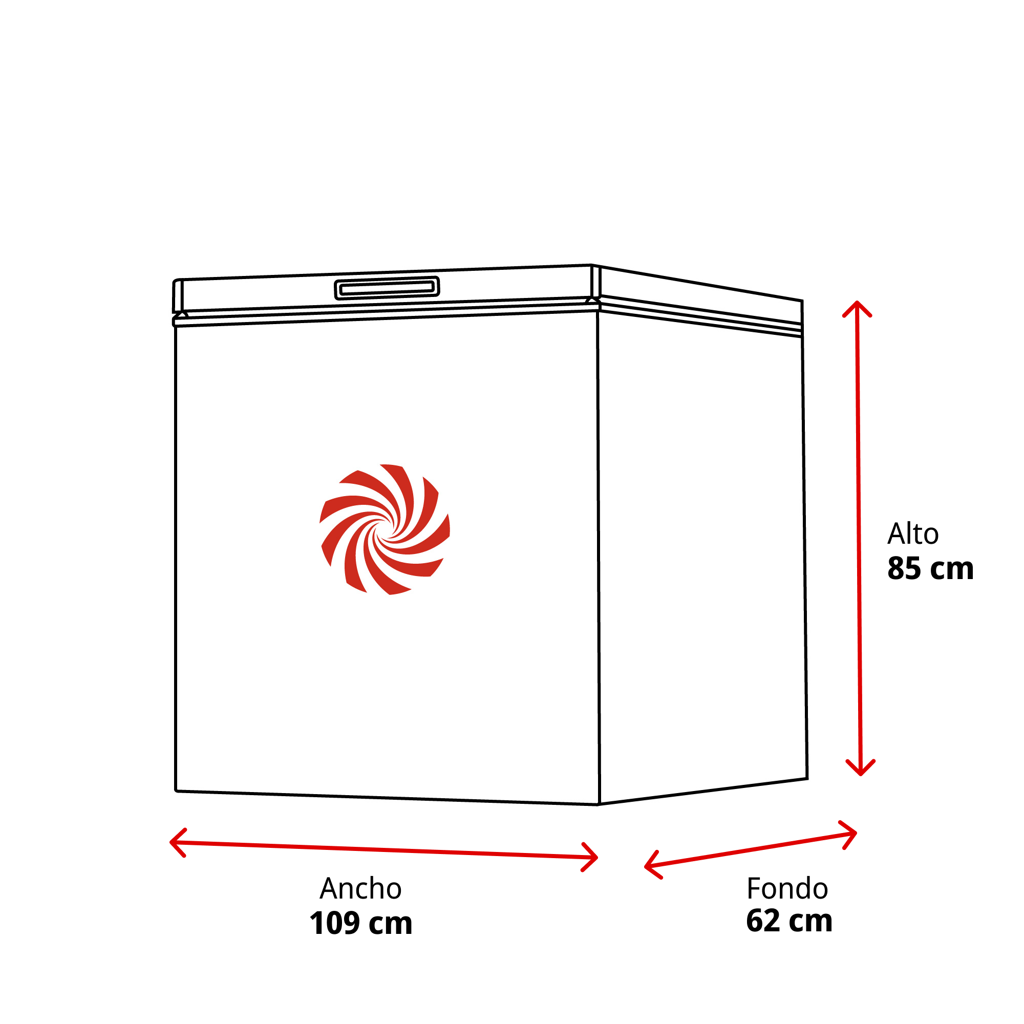 Un congelador blanco con dimensiones etiquetadas. Tiene un logotipo de remolino rojo y blanco.