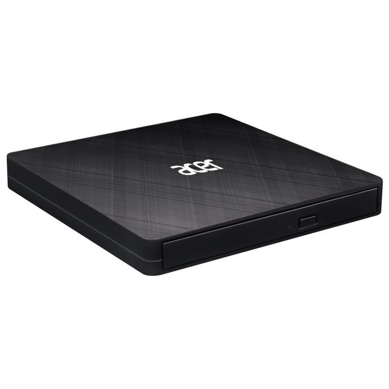 Un masterizzatore DVD esterno Acer nero è mostrato su sfondo bianco. L'unità è rettangolare, con il logo Acer in alto.