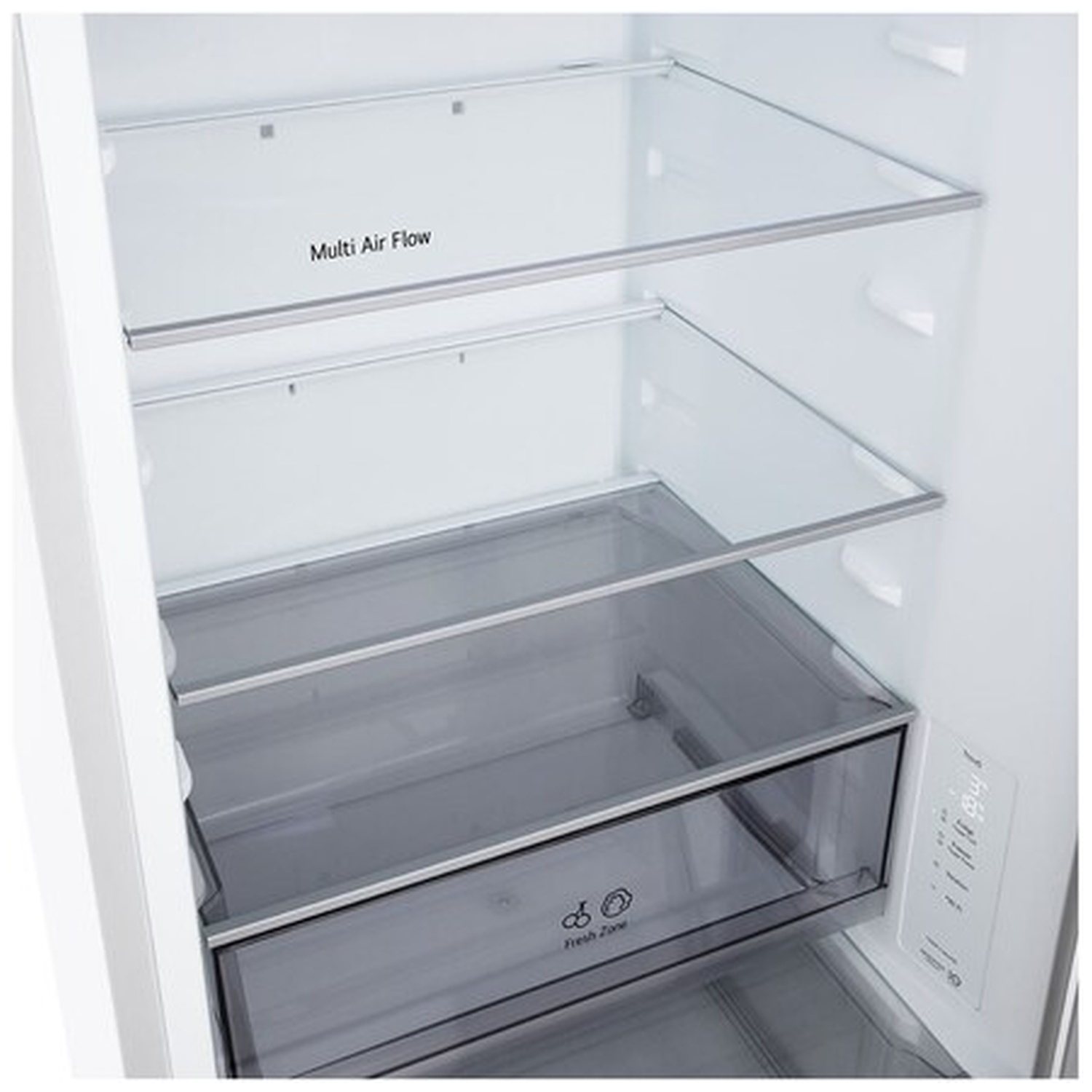 Inside a refrigerator, glass shelves and drawers are visible. Features include Multi Air Flow and Fresh Zone. The interior is white.
