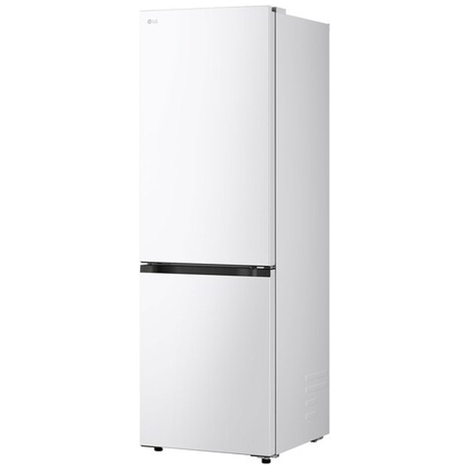 A white LG refrigerator. It has a two-door design, with a black handle on the bottom door. The LG logo is on the upper door.