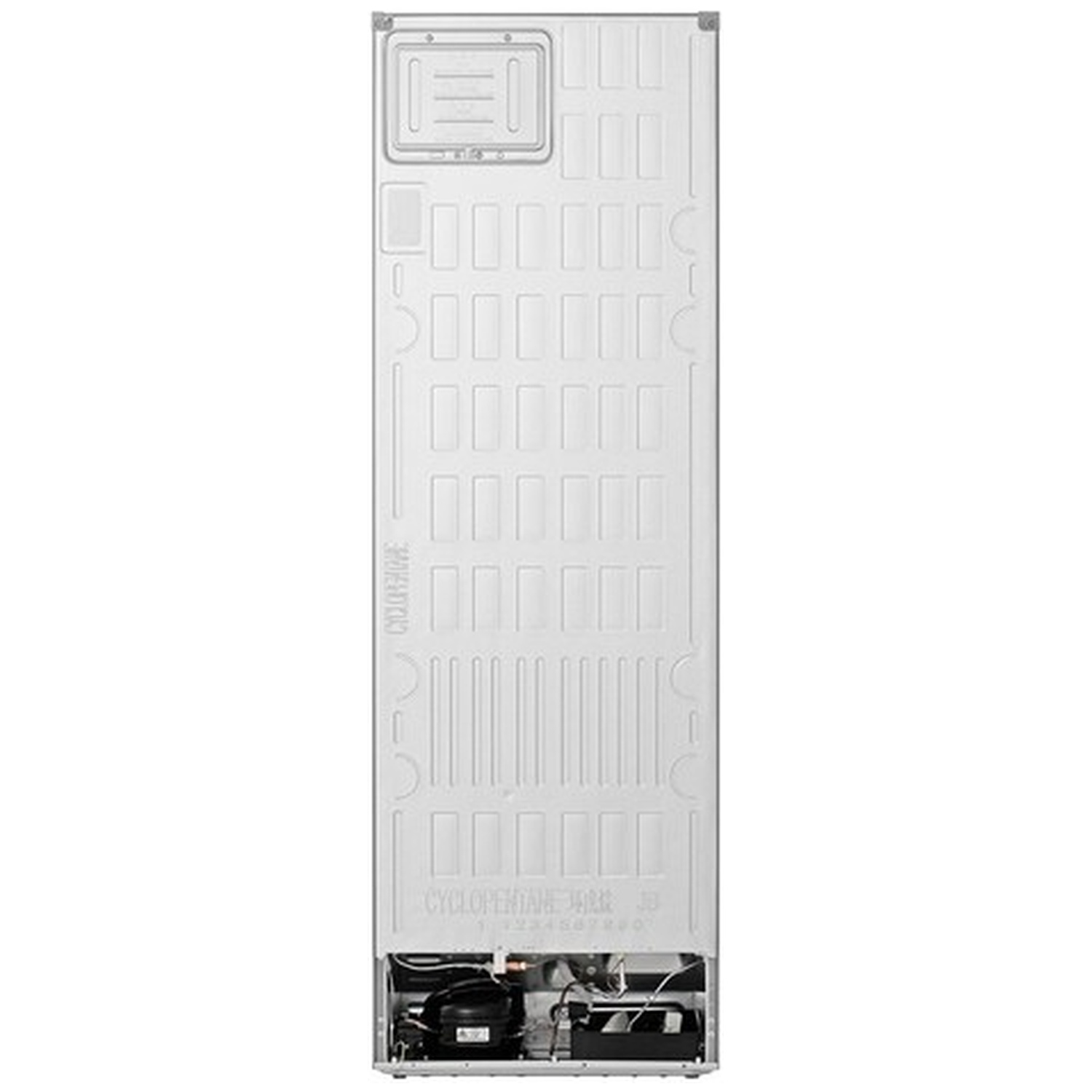 The back of a refrigerator. It is white with a grid-like pattern. There are vents, a compressor, and the text 'CYCLOPENTANE'.