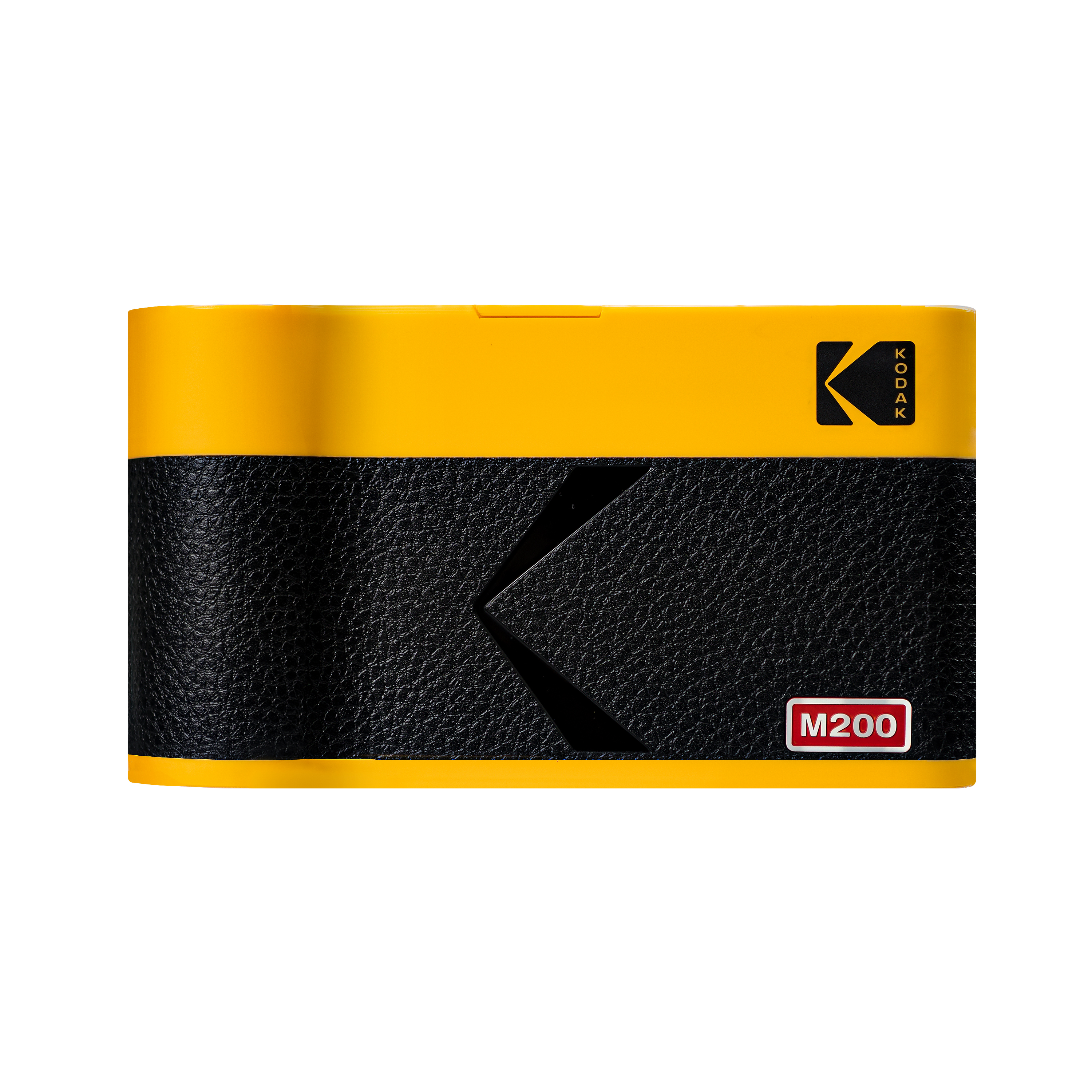 Sarı üst ve siyah dokulu gövdeye sahip bir Kodak M200 fotoğraf makinesi. Kodak logosu mevcut. Kırmızı M200 etiketi.