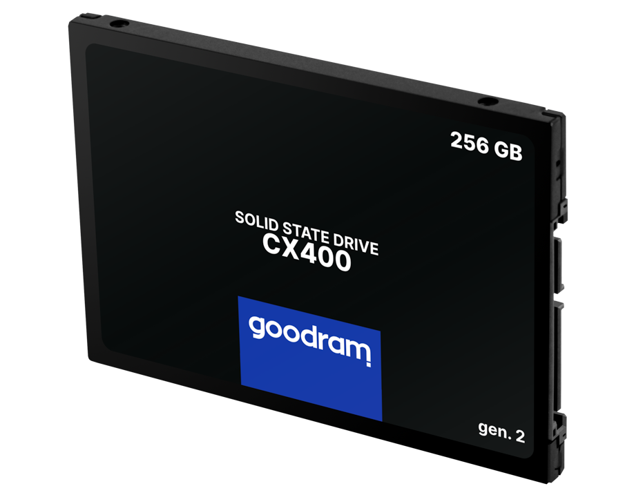 Czarny dysk SSD z napisem 'SOLID STATE DRIVE CX400' i logo 'goodram'. To dysk 256 GB, gen. 2.