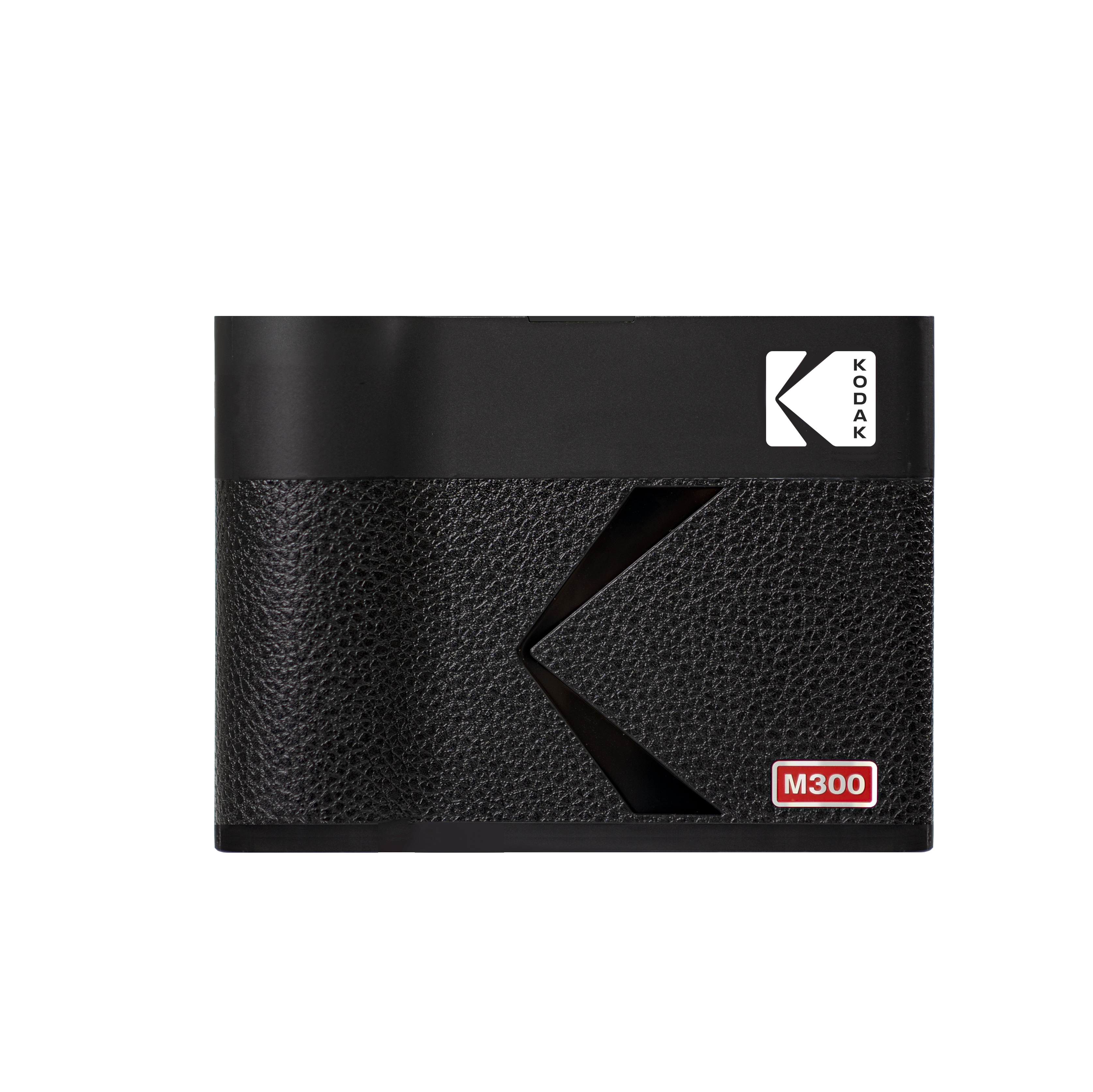 Siyah Kodak M300 kamera. Kodak logosu ve kırmızı M300 etiketi ile dokulu bir yüzeye sahip.
