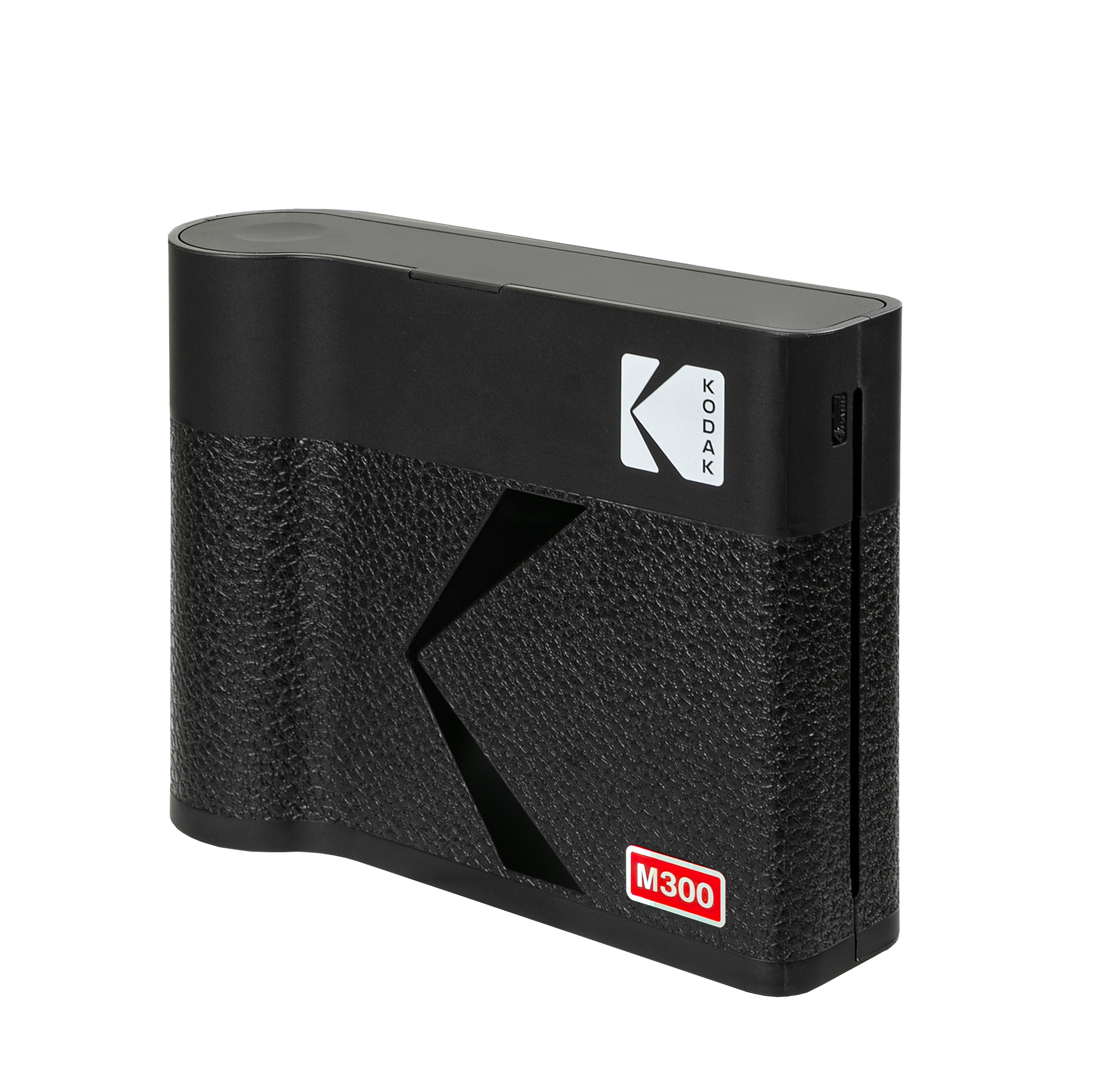 Siyah Kodak M300 kamera. Dokulu bir gövdeye, Kodak logosuna ve kırmızı bir M300 etiketine sahip.