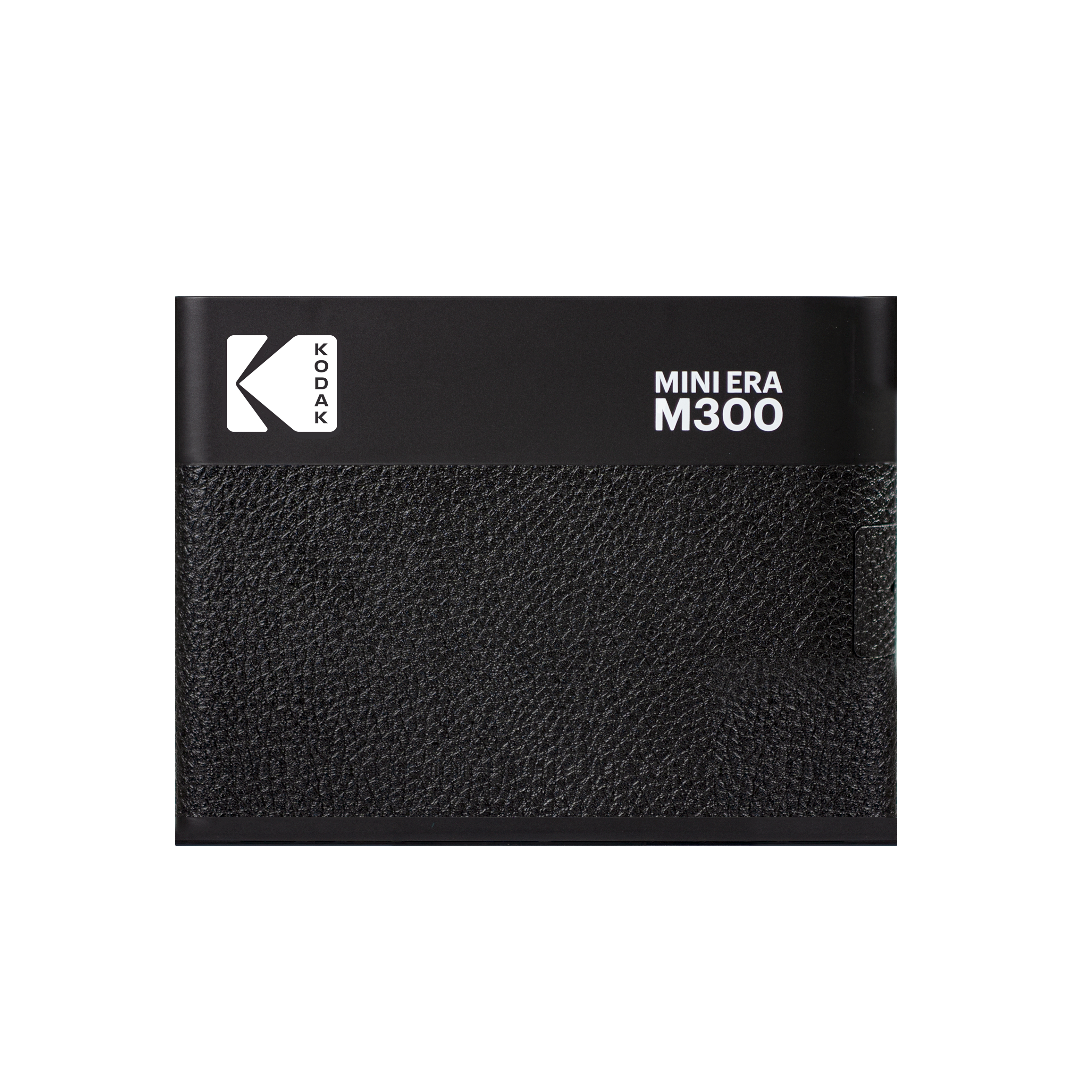 Siyah Kodak Mini Era M300 kamera. Dokulu bir tutuşa sahip. Kodak logosu ve metni üst kısımda.