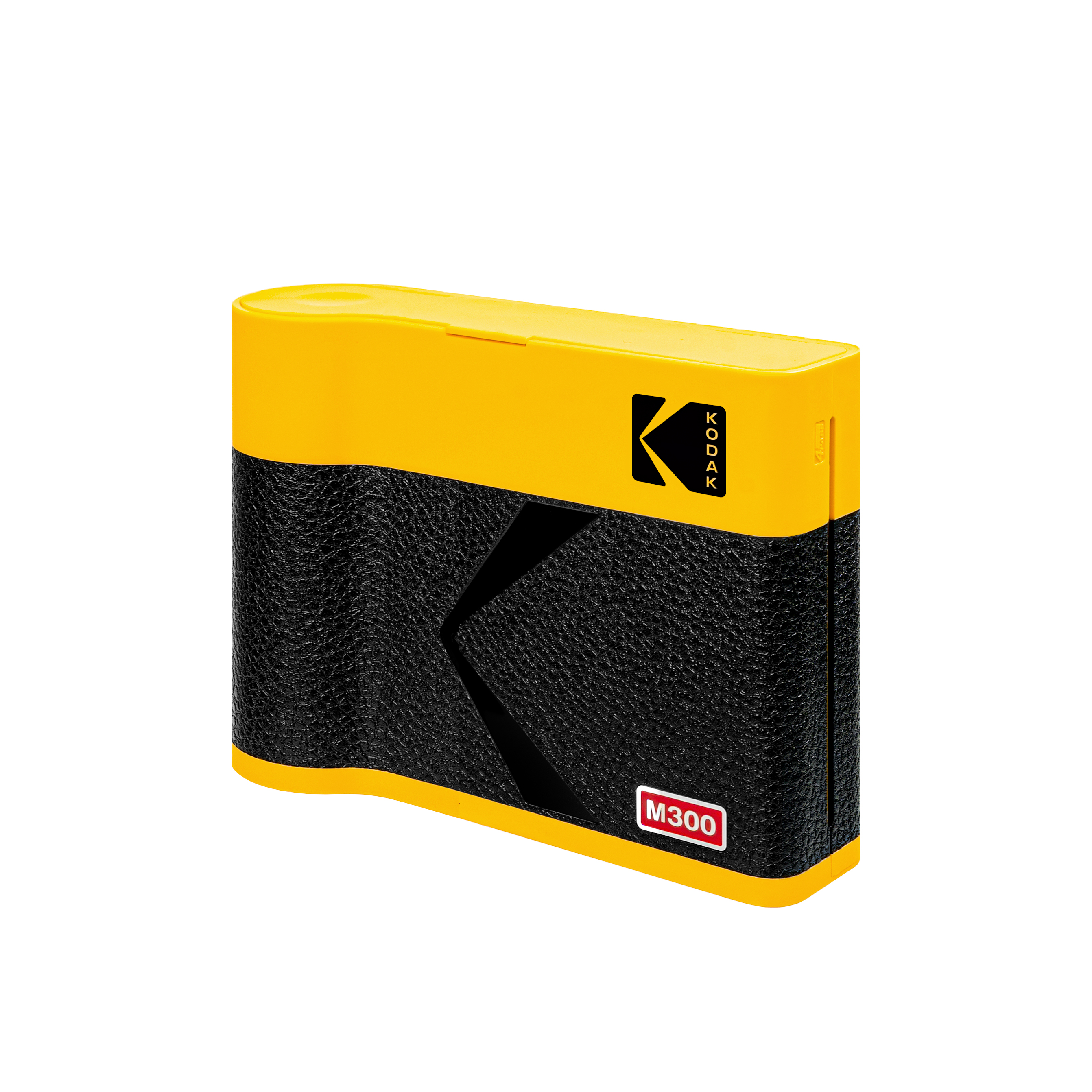 Sarı üst, siyah dokulu gövde, Kodak logosu ve beyaz zemin üzerinde M300 etiketi olan bir Kodak M300 kamera çantası.