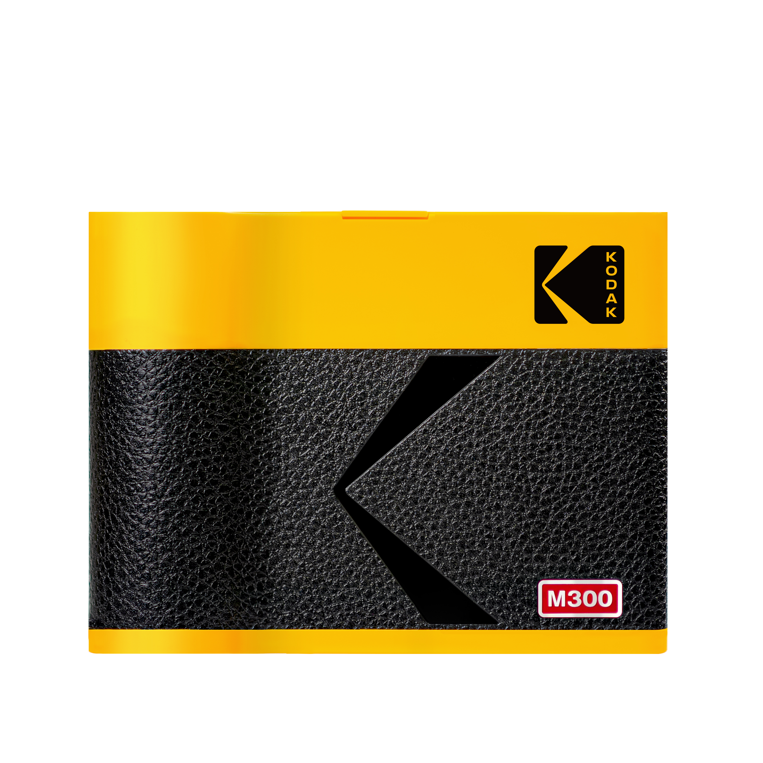 Siyah dokulu ön yüzü ve sarı üst kısmı olan Kodak M300 fotoğraf makinesi. Kodak logosu mevcut.