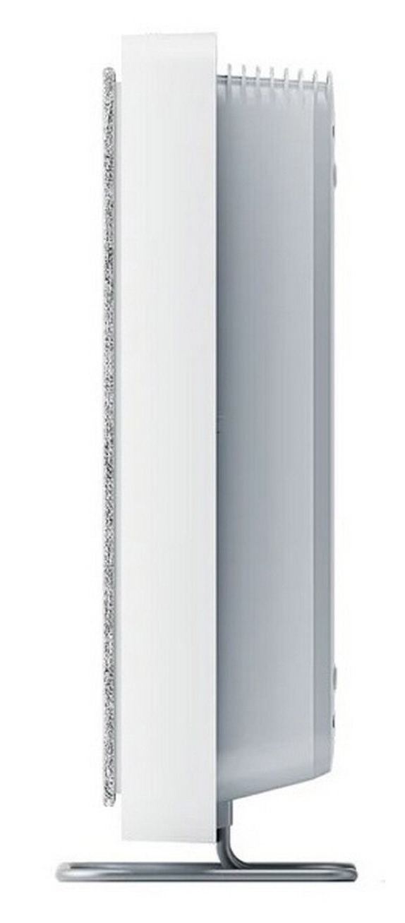 Biała i srebrna grzałka stoi pionowo. Ma konstrukcję pionową ze stojakiem u dołu. Bok jest srebrny.