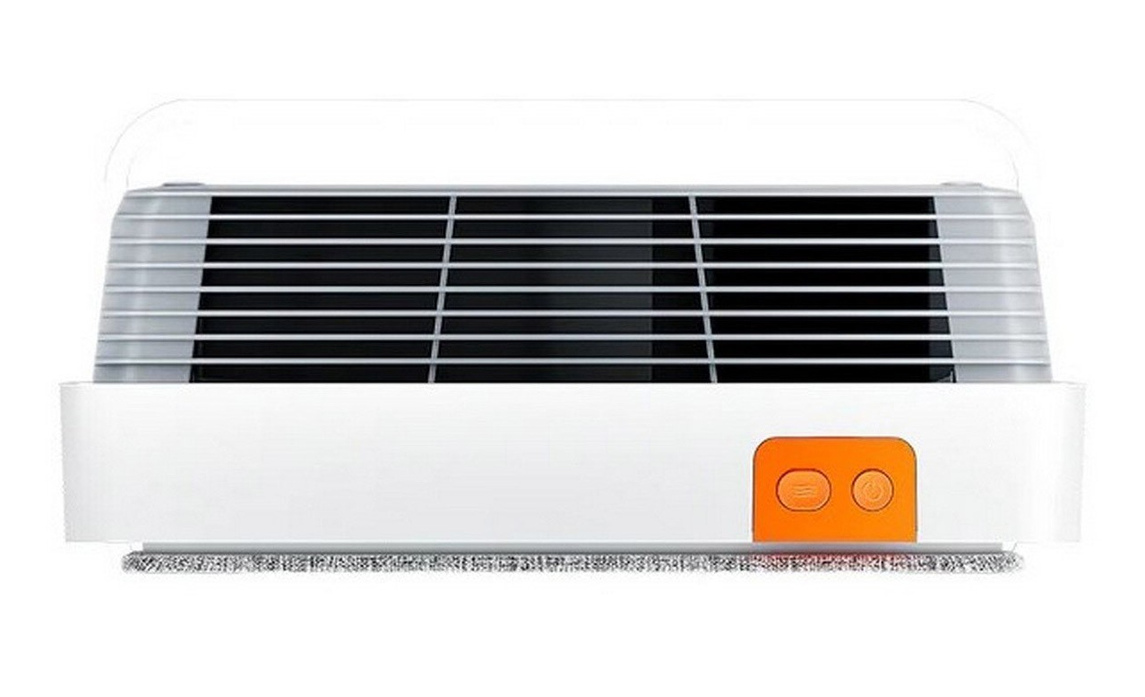 Biało-szary robot sprzątający. Ma czarną kratkę, pomarańczowe przyciski i podkładkę czyszczącą na dole.