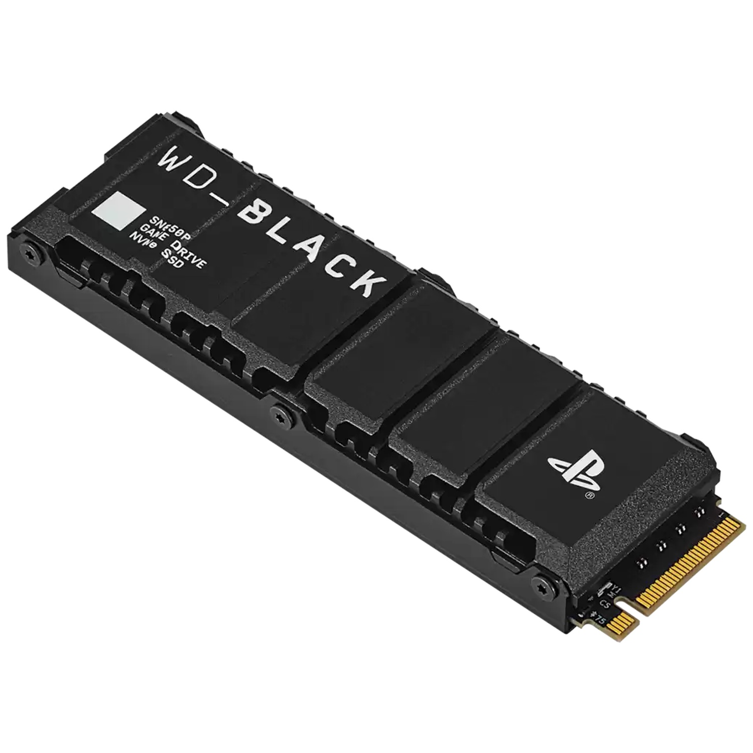 Zwarte WD_BLACK NVMe SSD. Voorzien van het PlayStation-logo en een gouden connector. Tekst: SN550P Game Drive NVMe SSD.