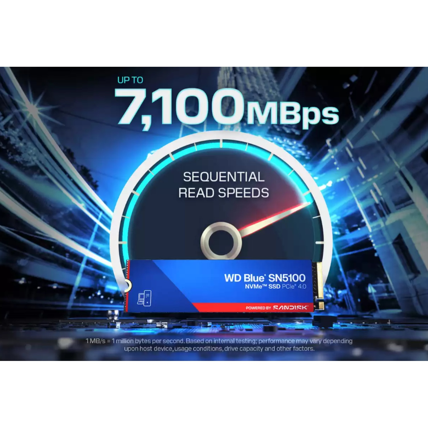 Image shows a WD Blue SN5100 SSD. It highlights 7,100 MBps sequential read speeds. A gauge is in the background.