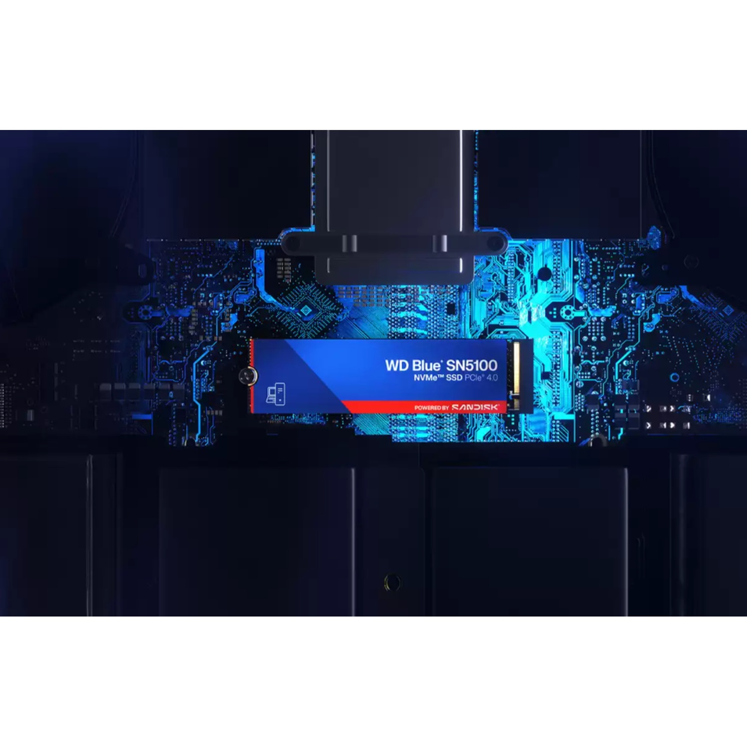 A blue and red WD Blue SN5100 NVMe SSD on a circuit board, with blue glowing lines and a dark background.