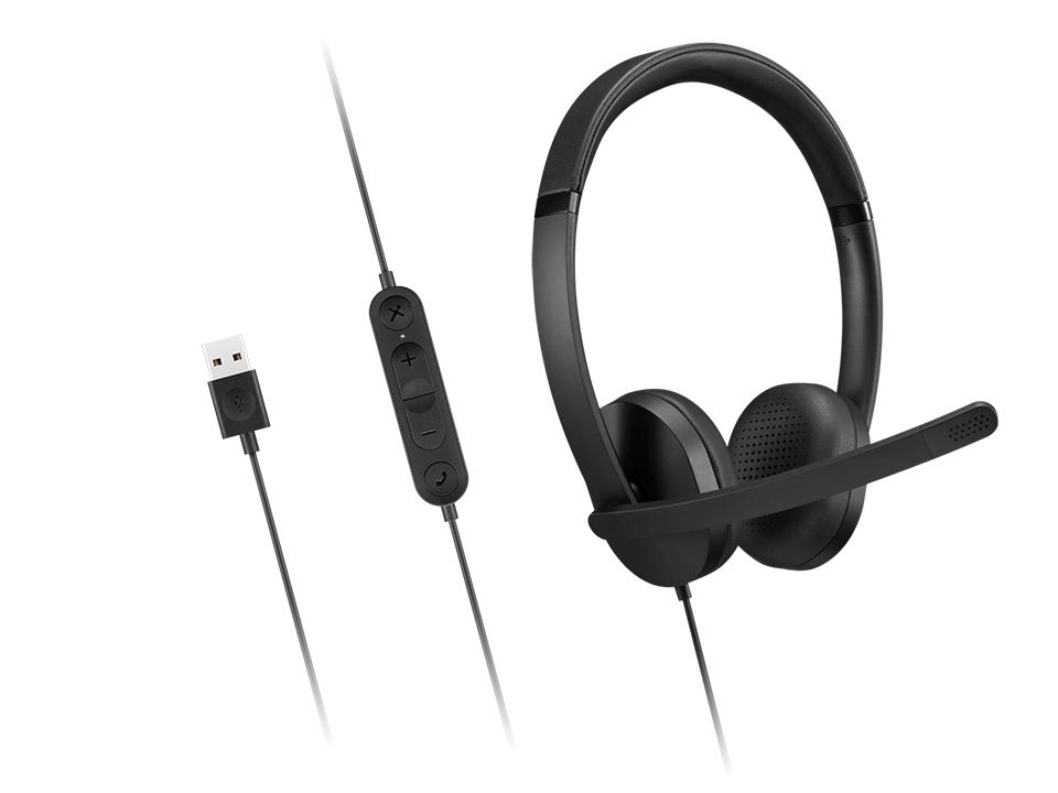 Schwarzes Headset mit USB-Kabel und Inline-Bedienelementen. Es hat Ohrmuscheln, ein Mikrofon und ein verstellbares Kopfband.