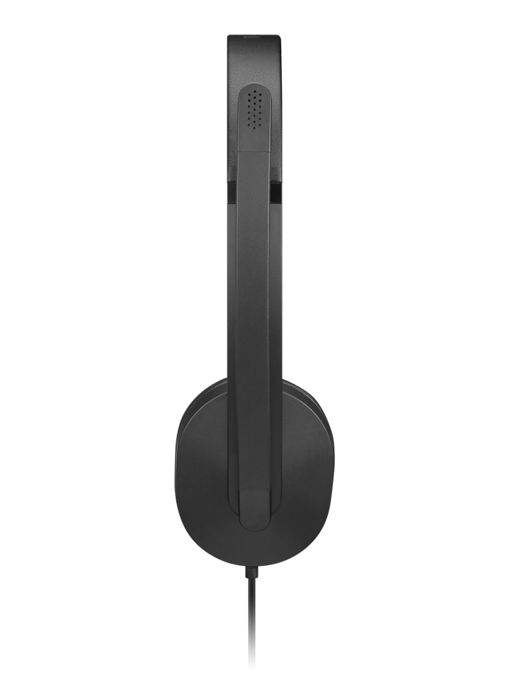 Ein schwarzes Headset vor weißem Hintergrund. Das Headset steht aufrecht, mit Ohrmuscheln und Kopfbügel sichtbar.