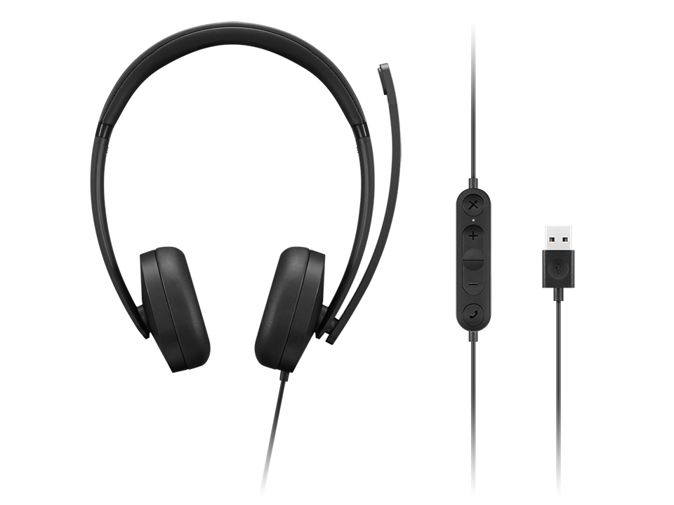 Schwarzes Headset mit Mikrofon, Lautstärkeregler und USB-Kabel auf weißem Hintergrund.