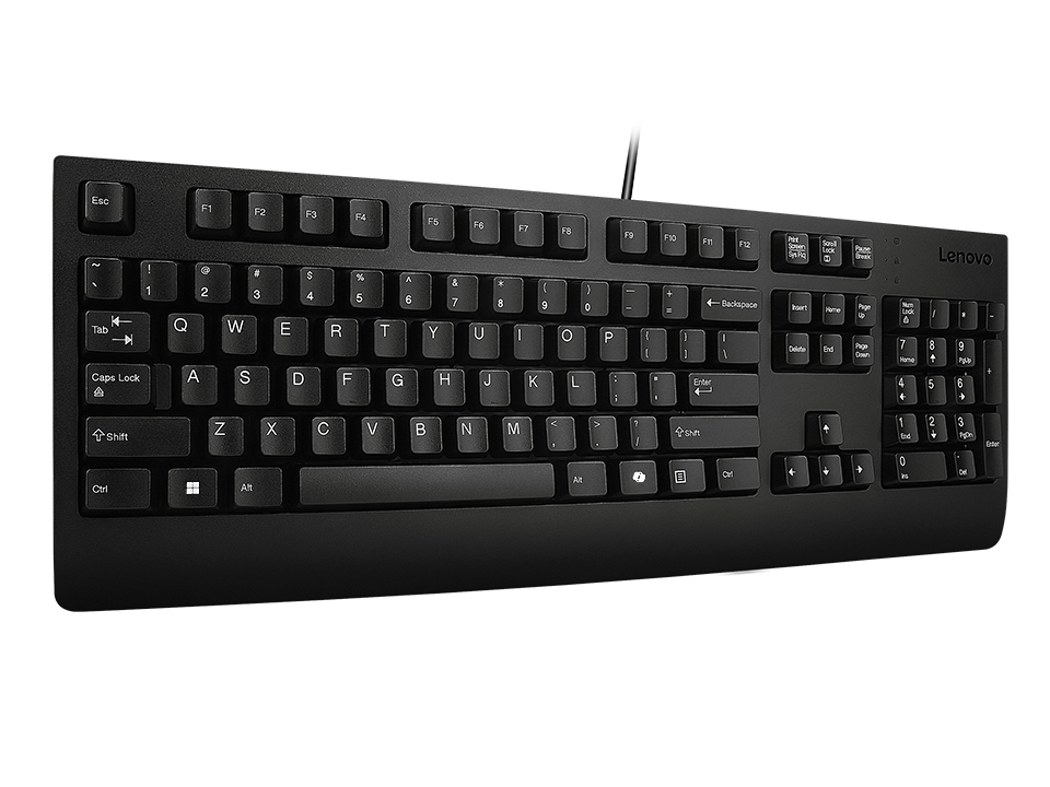 Schwarze Lenovo-Tastatur mit Tasten, darunter Buchstaben, Zahlen und Funktionstasten. Die Tastatur hat eine Kabelverbindung.
