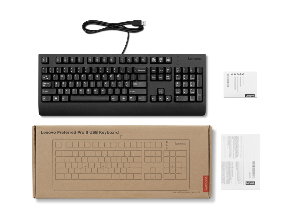 Schwarze Lenovo-Tastatur mit USB-Kabel, Karton und Handbüchern auf weißem Hintergrund. Karton zeigt Tastaturumriss. Lenovo-Logo erscheint.