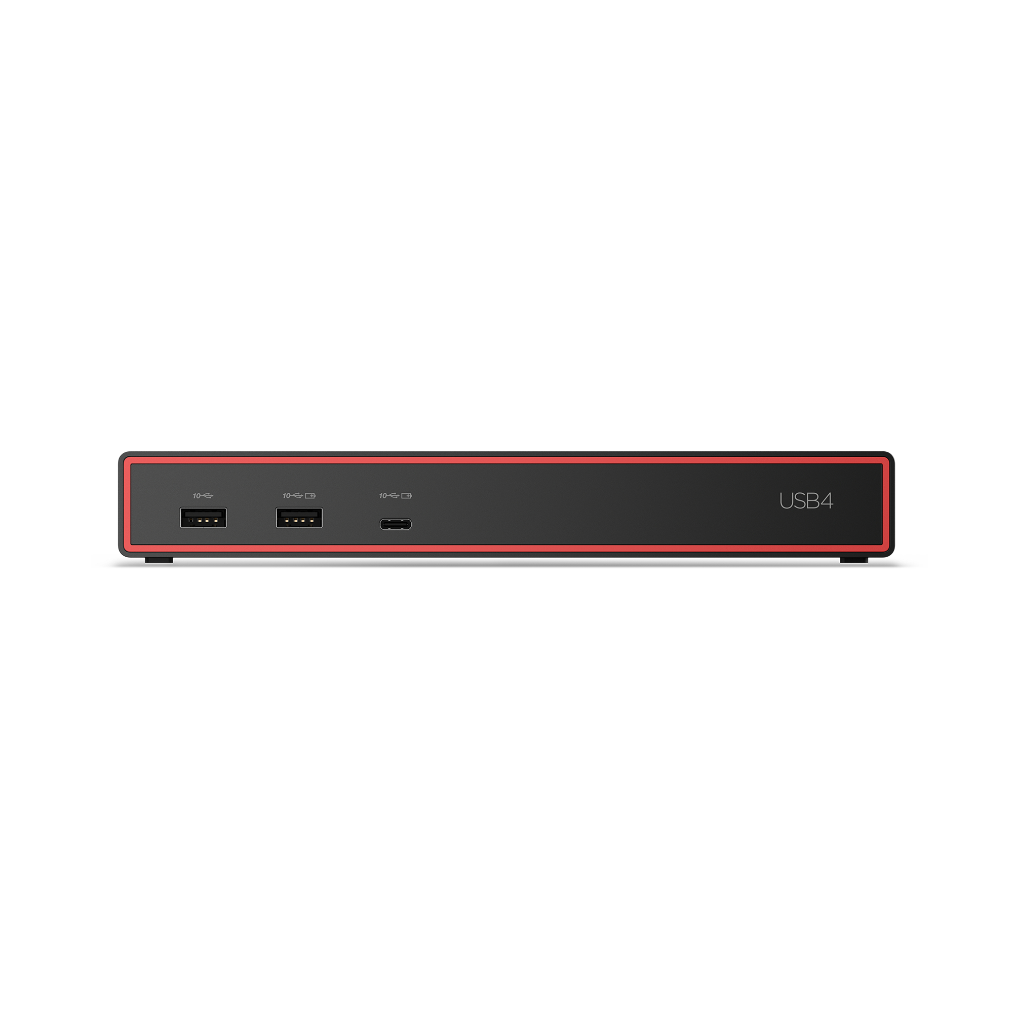 Ein schwarzes USB4-Gerät mit roter Umrandung, mit Anschlüssen und der Aufschrift 'USB4' auf weißem Hintergrund.