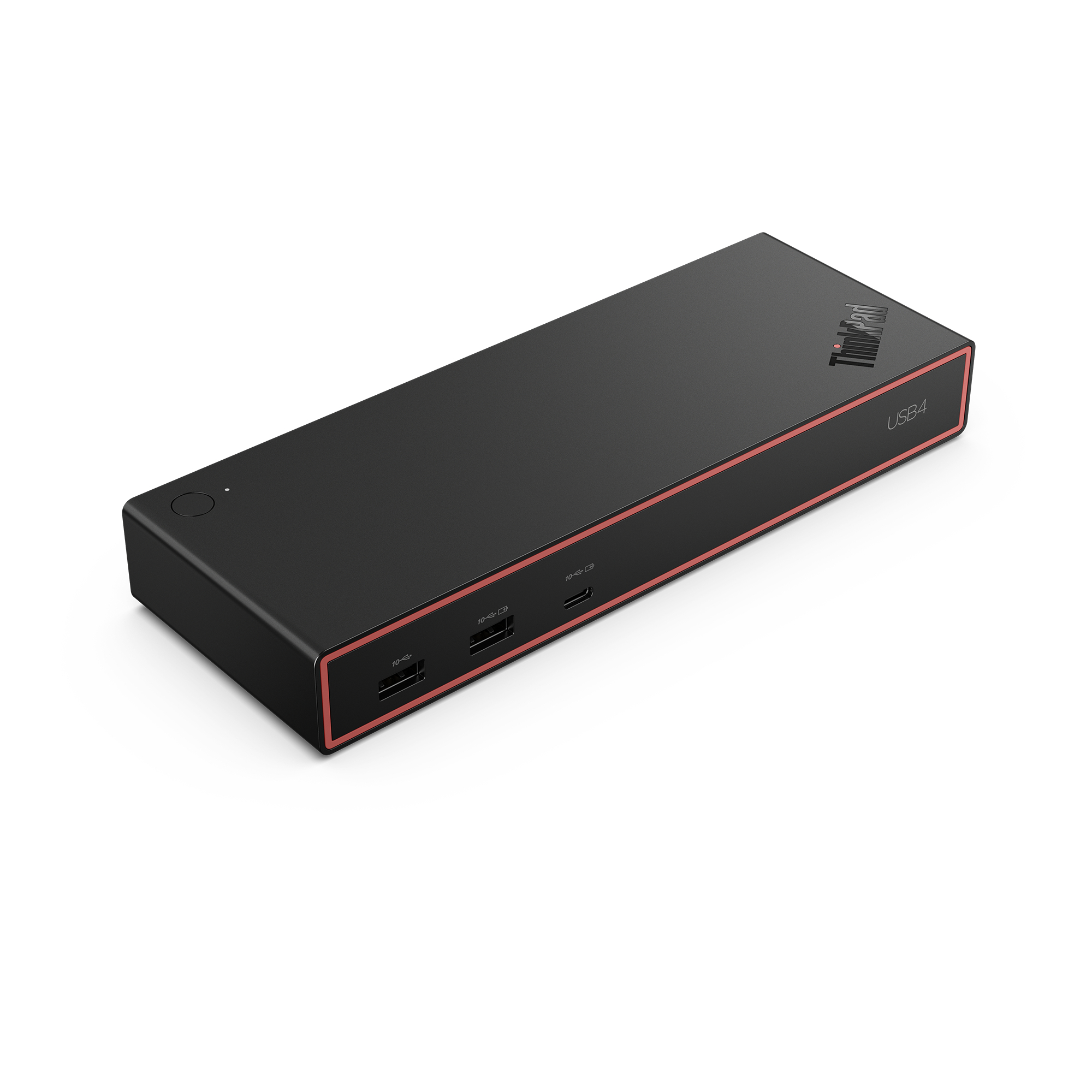 Schwarze ThinkPad USB-C-Dockingstation mit roter Umrandung, Anschlüssen und Logo auf weißem Hintergrund.