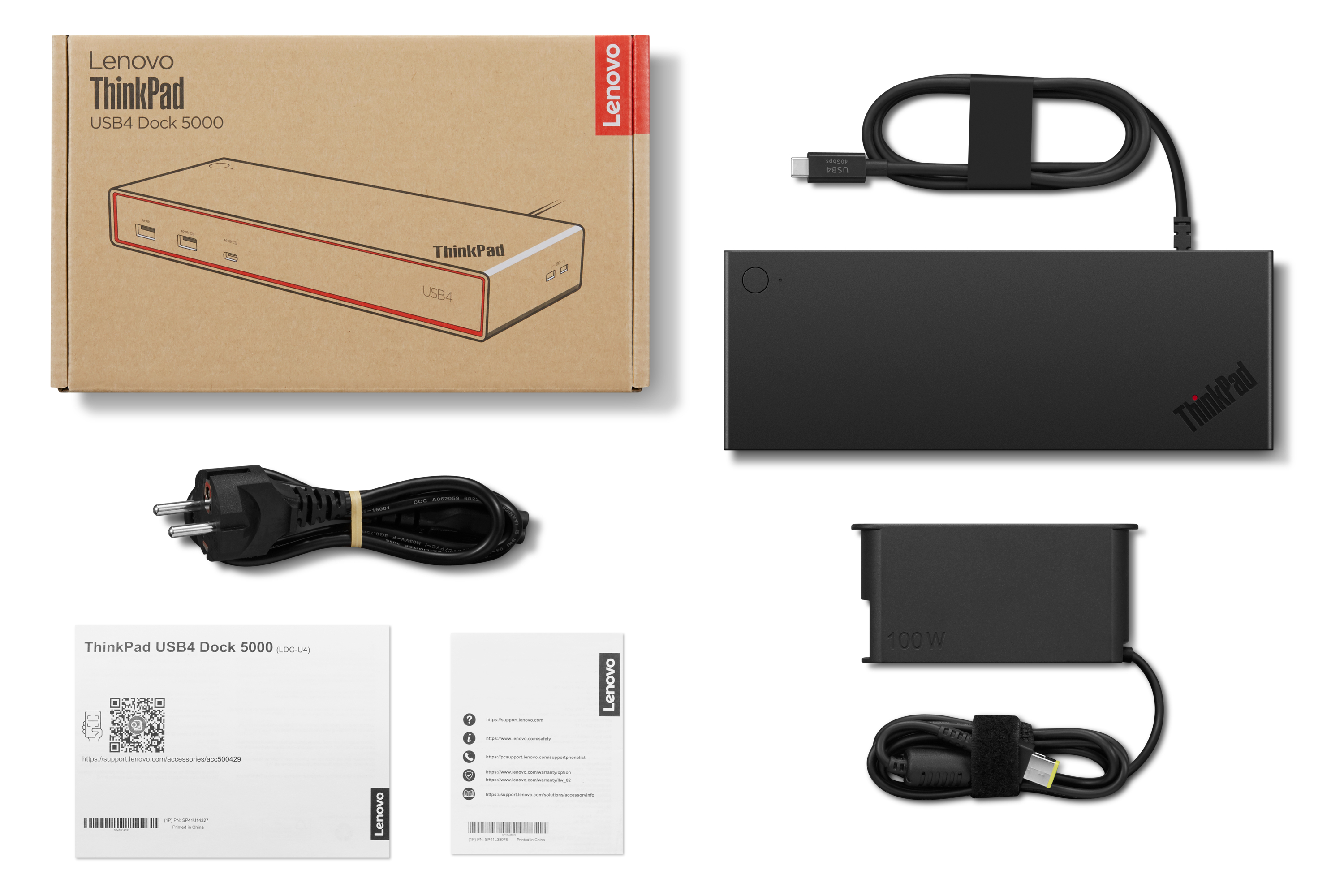 Das Bild zeigt Lenovo ThinkPad USB4 Dock 5000 mit Zubehör: Netzteil, Netzkabel und Dokumentation.