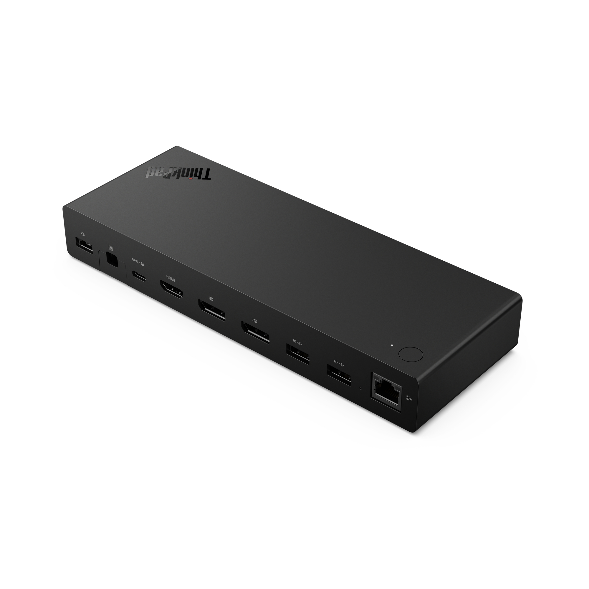 Eine schwarze ThinkPad-Dockingstation. Sie hat verschiedene Anschlüsse, darunter USB, HDMI und Ethernet. Das ThinkPad-Logo ist sichtbar.