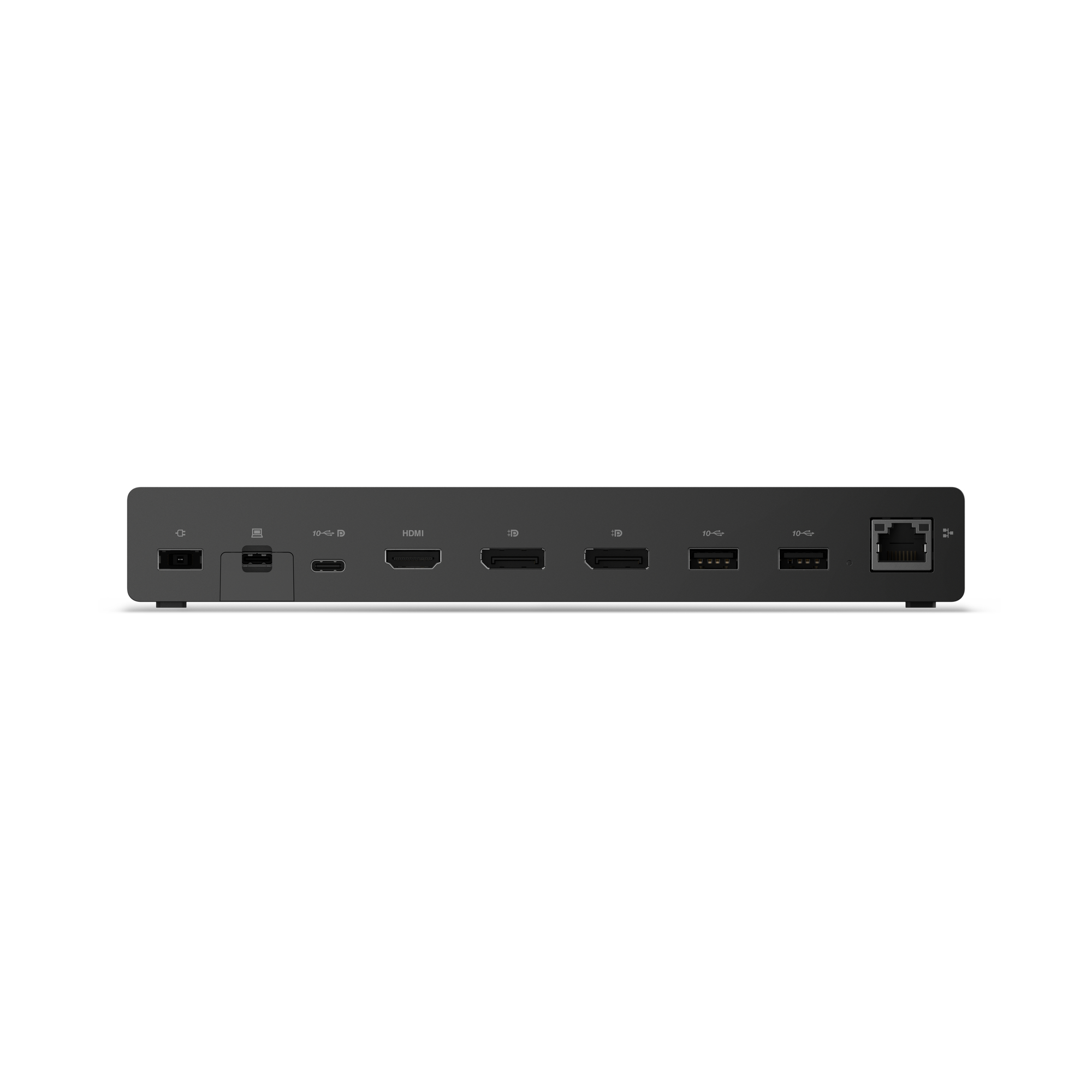 Eine schwarze Dockingstation mit mehreren Anschlüssen, einschließlich HDMI, USB und einem Ethernet-Anschluss, vor weißem Hintergrund.