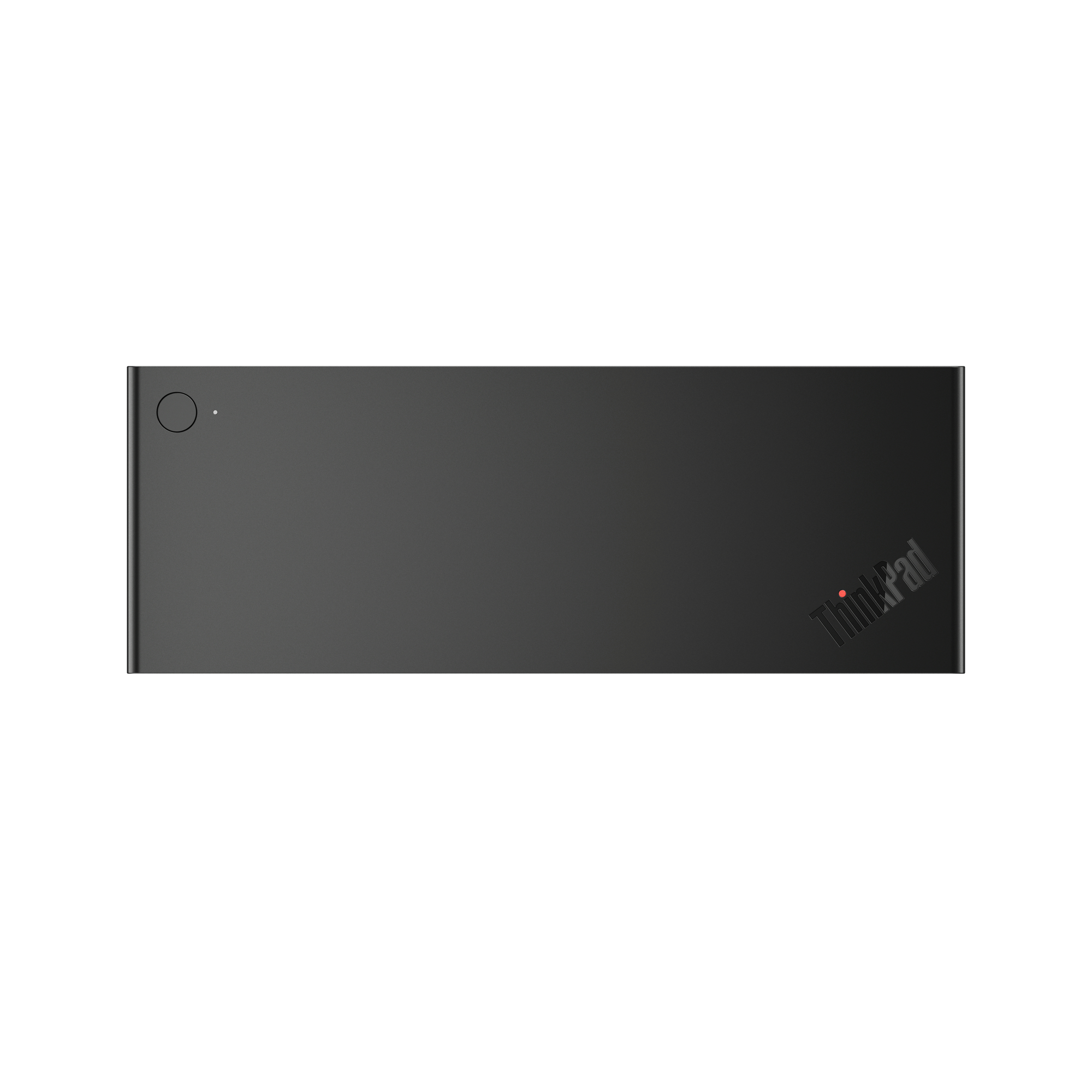Ein schwarzes ThinkPad. Draufsicht zeigt einen Power-Button und das ThinkPad-Logo.