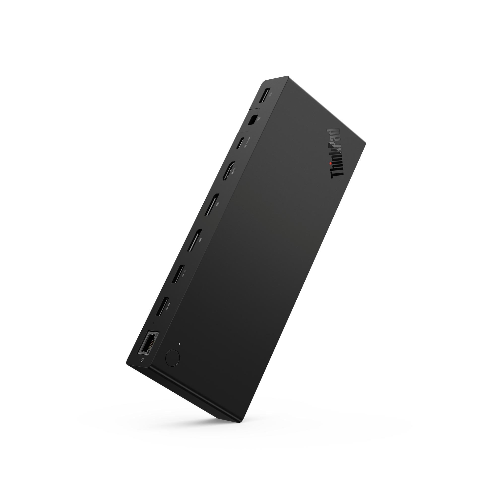Schwarze ThinkPad-Dockingstation mit mehreren Anschlüssen, vor weißem Hintergrund.