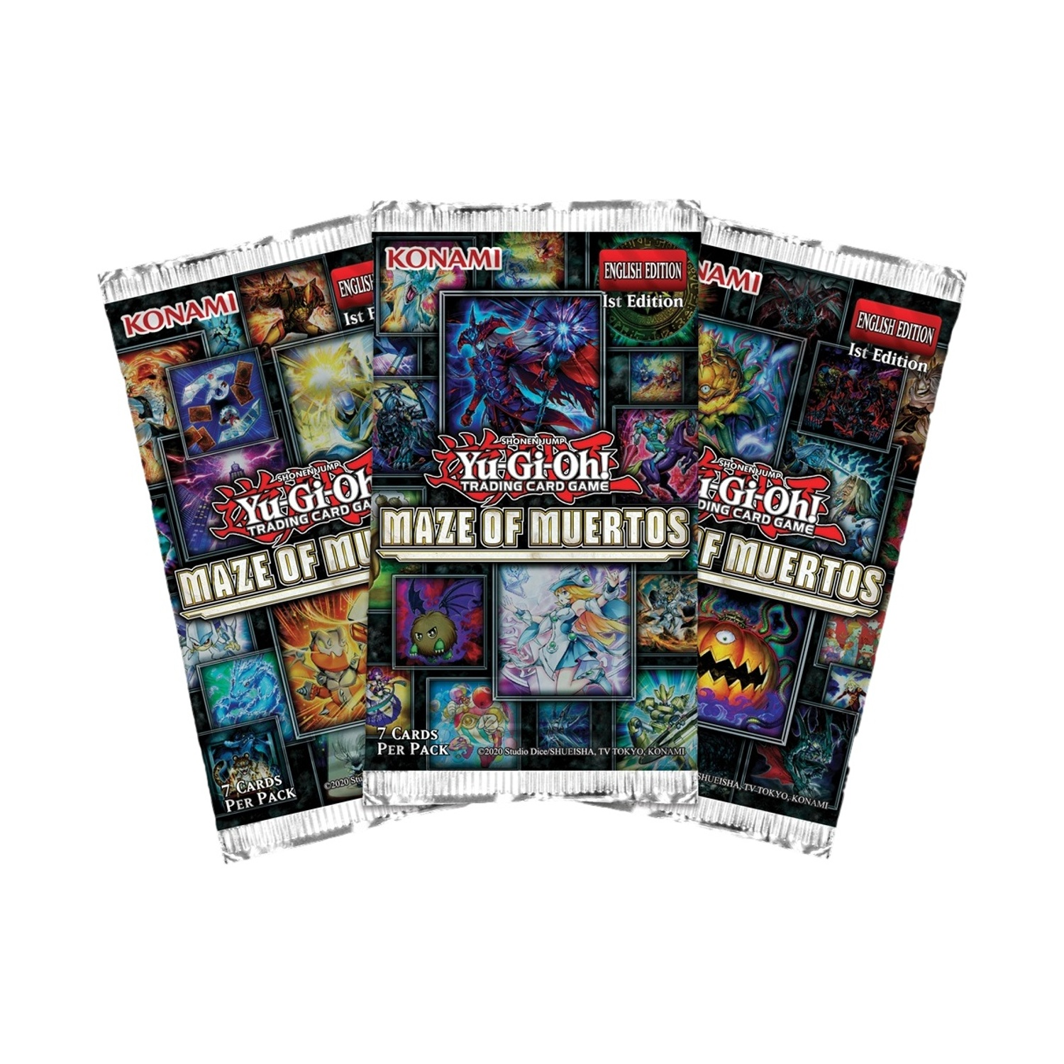 Tre pacchetti di carte Yu-Gi-Oh!, "Maze of Muertos", con immagini di carte colorate e testo. Viene visualizzato "7 carte per pacchetto".