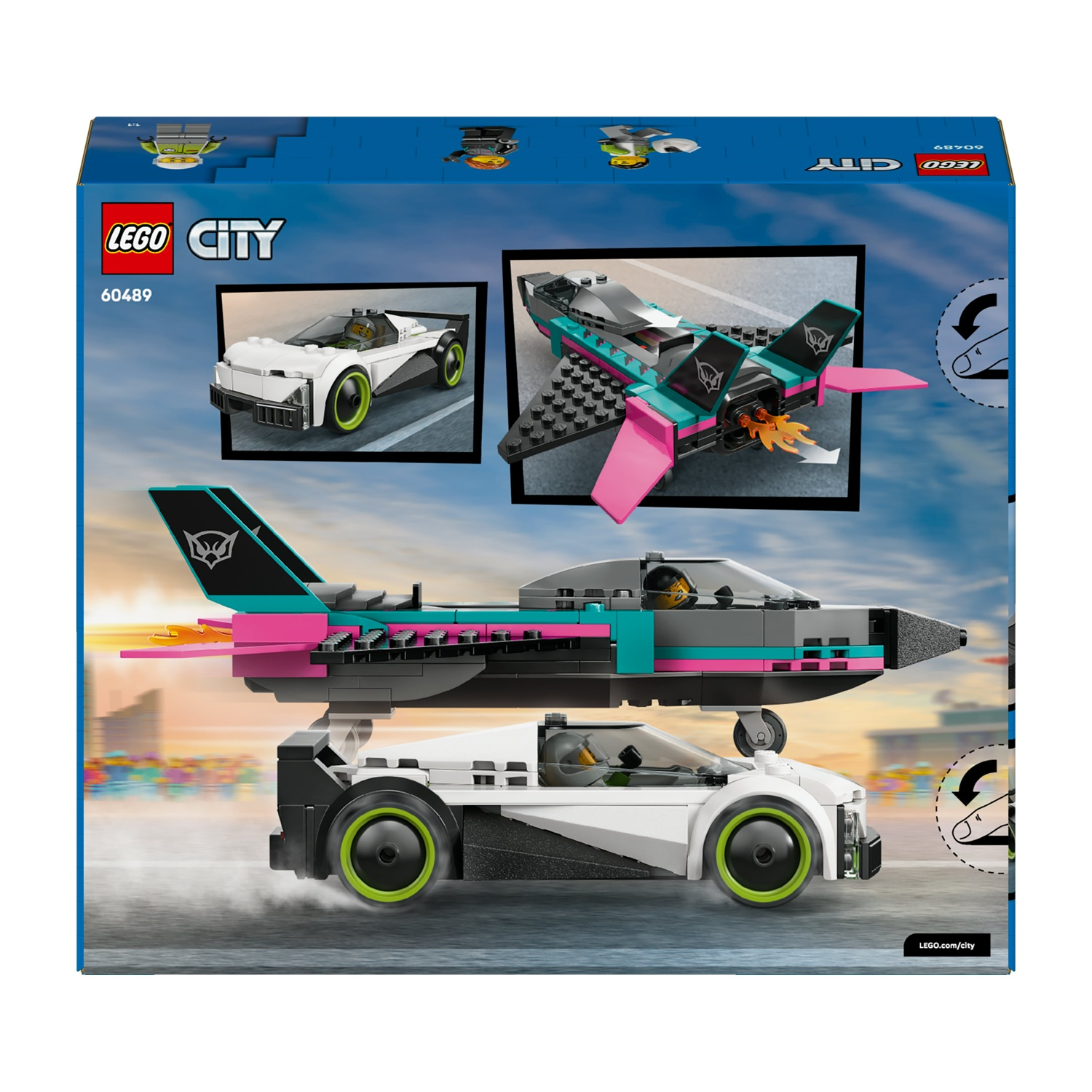 Confezione Lego City. Presenta un'auto bianca e un jet, entrambi con dettagli neri, rosa e teal, su uno sfondo di cielo.