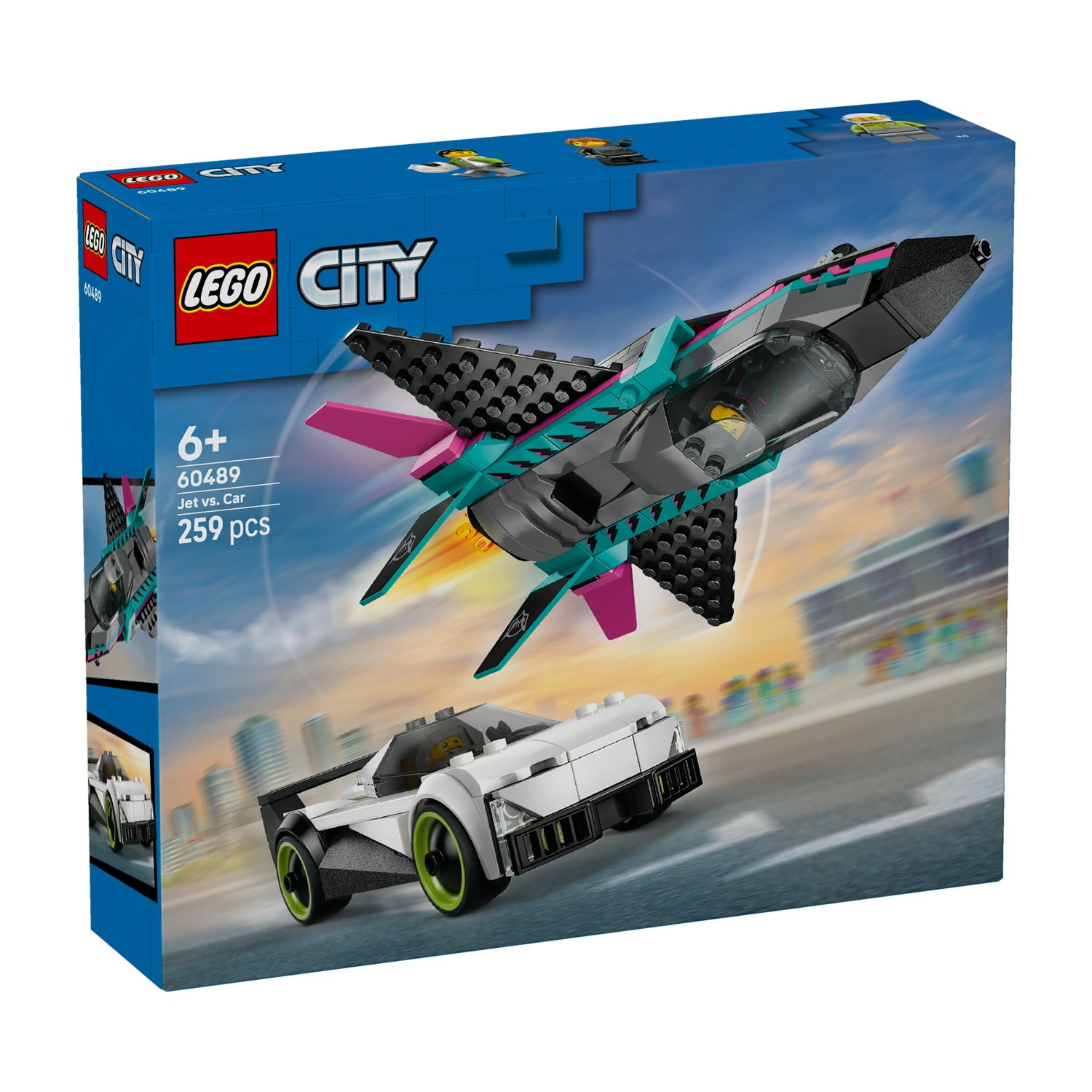 La confezione Lego City mostra un jet e un'auto. Il jet è turchese, nero e rosa. L'auto è bianca con ruote verdi.