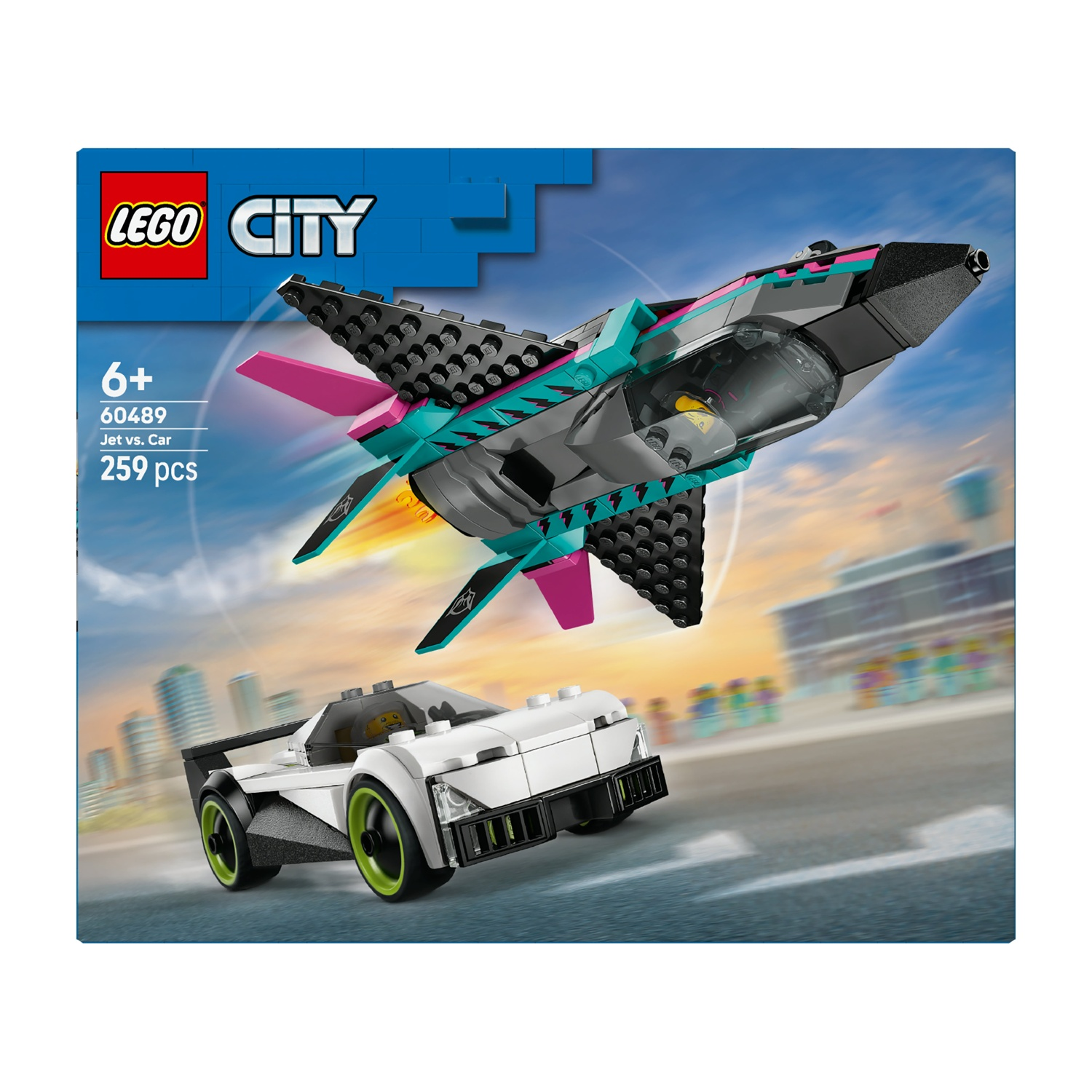 Set Lego City con un jet e un'auto. Il jet è nero, turchese e rosa. L'auto è bianca con ruote verdi.
